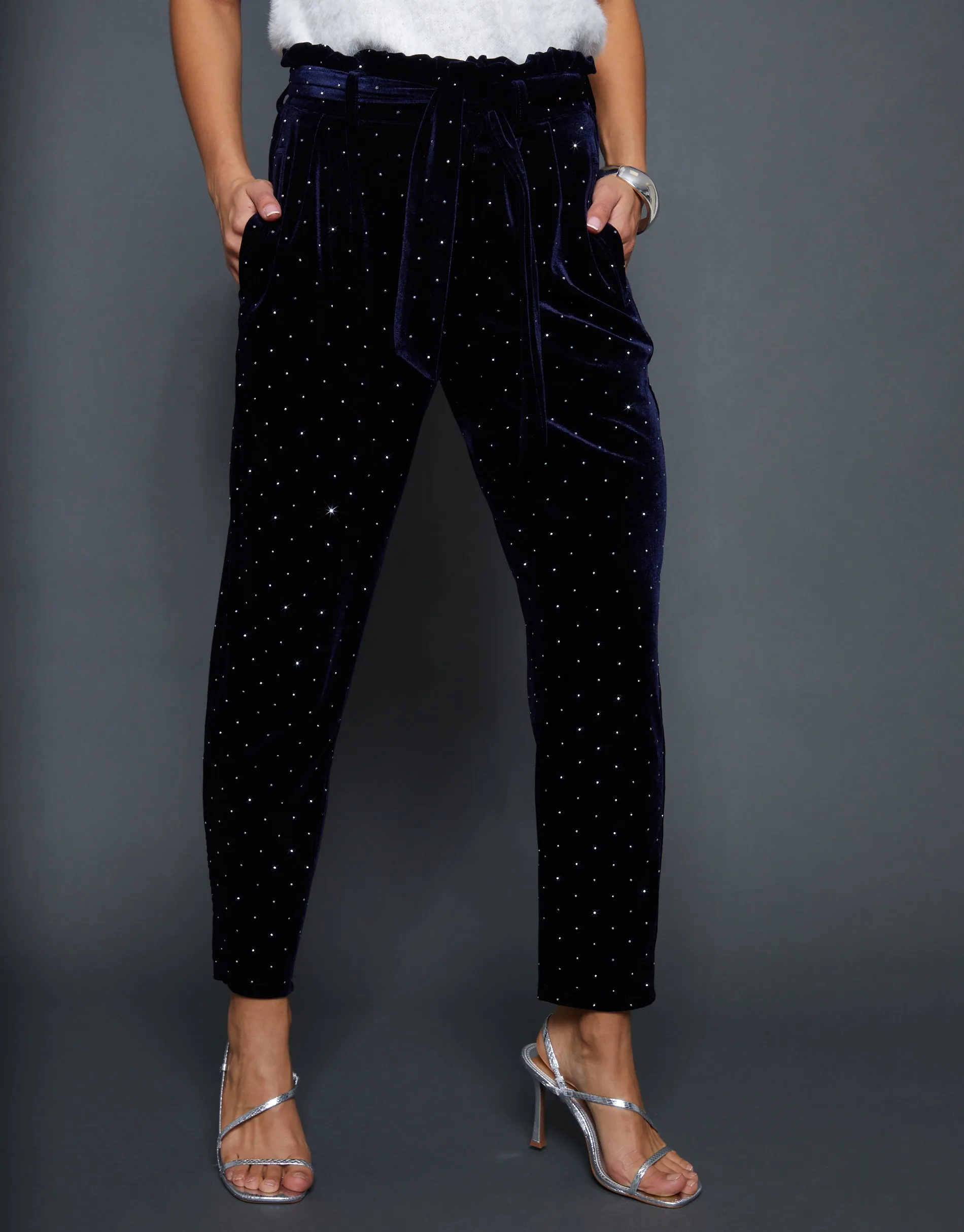 Navy Velvet Hotfix Paperbag Waist Trousers sold by Threadbare product image thumbnail 3