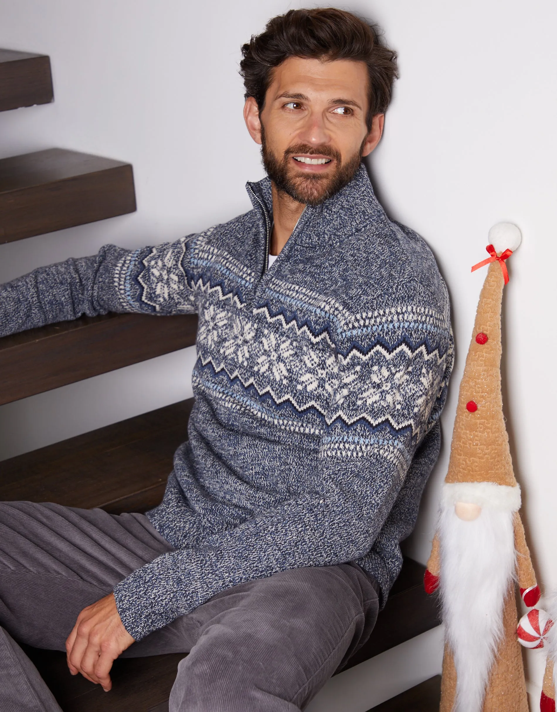 Navy Twist Fairisle Knitted Quarter Zip Jumper sold by Threadbare