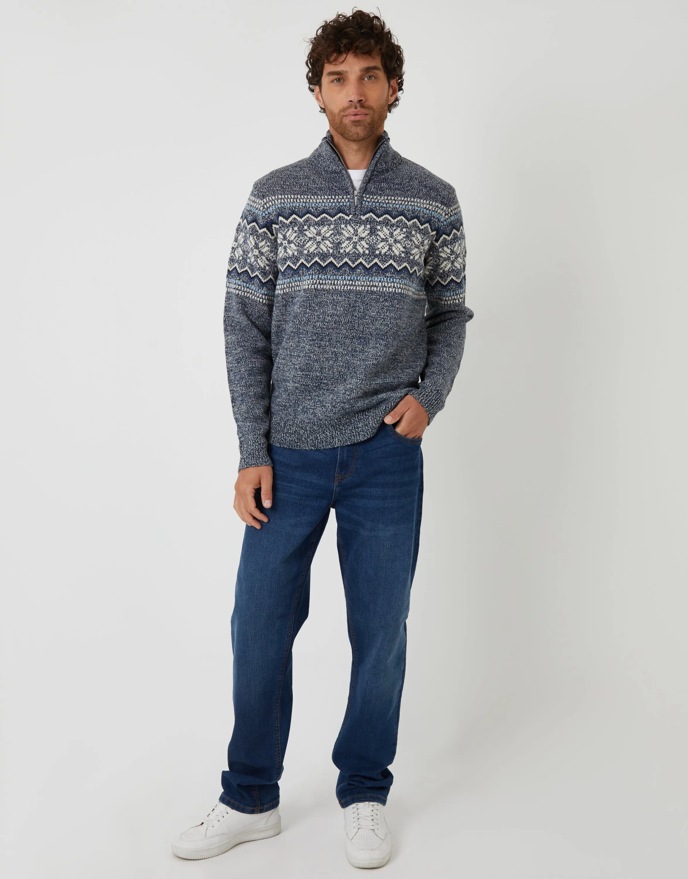 Navy Twist Fairisle Knitted Quarter Zip Jumper sold by Threadbare product image thumbnail 4