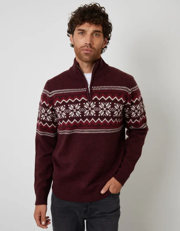 Burgundy Twist Fairisle Knitted Quarter Zip Jumper sold by Threadbare
