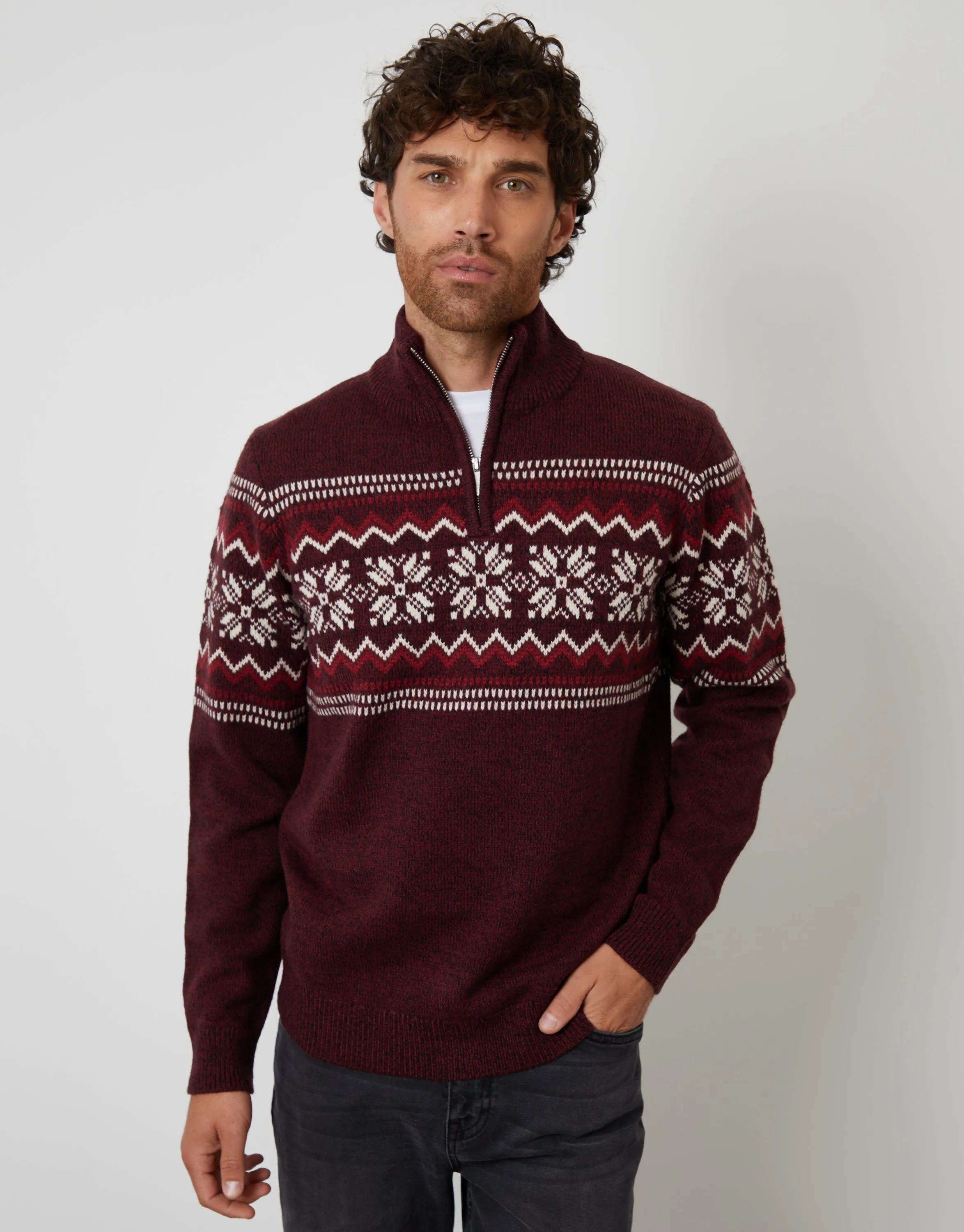 Burgundy Twist Fairisle Knitted Quarter Zip Jumper sold by Threadbare