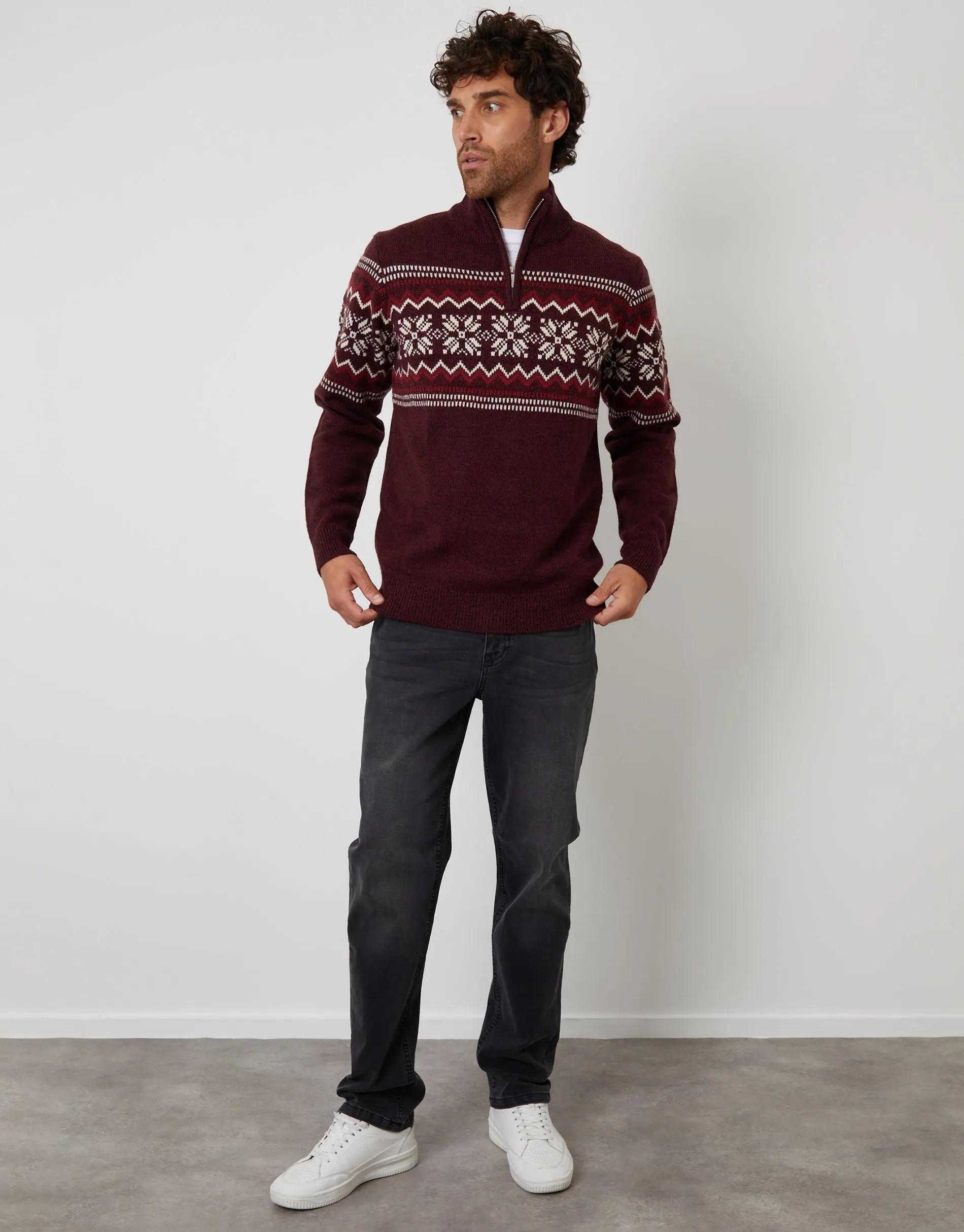 Burgundy Twist Fairisle Knitted Quarter Zip Jumper sold by Threadbare product image thumbnail 3