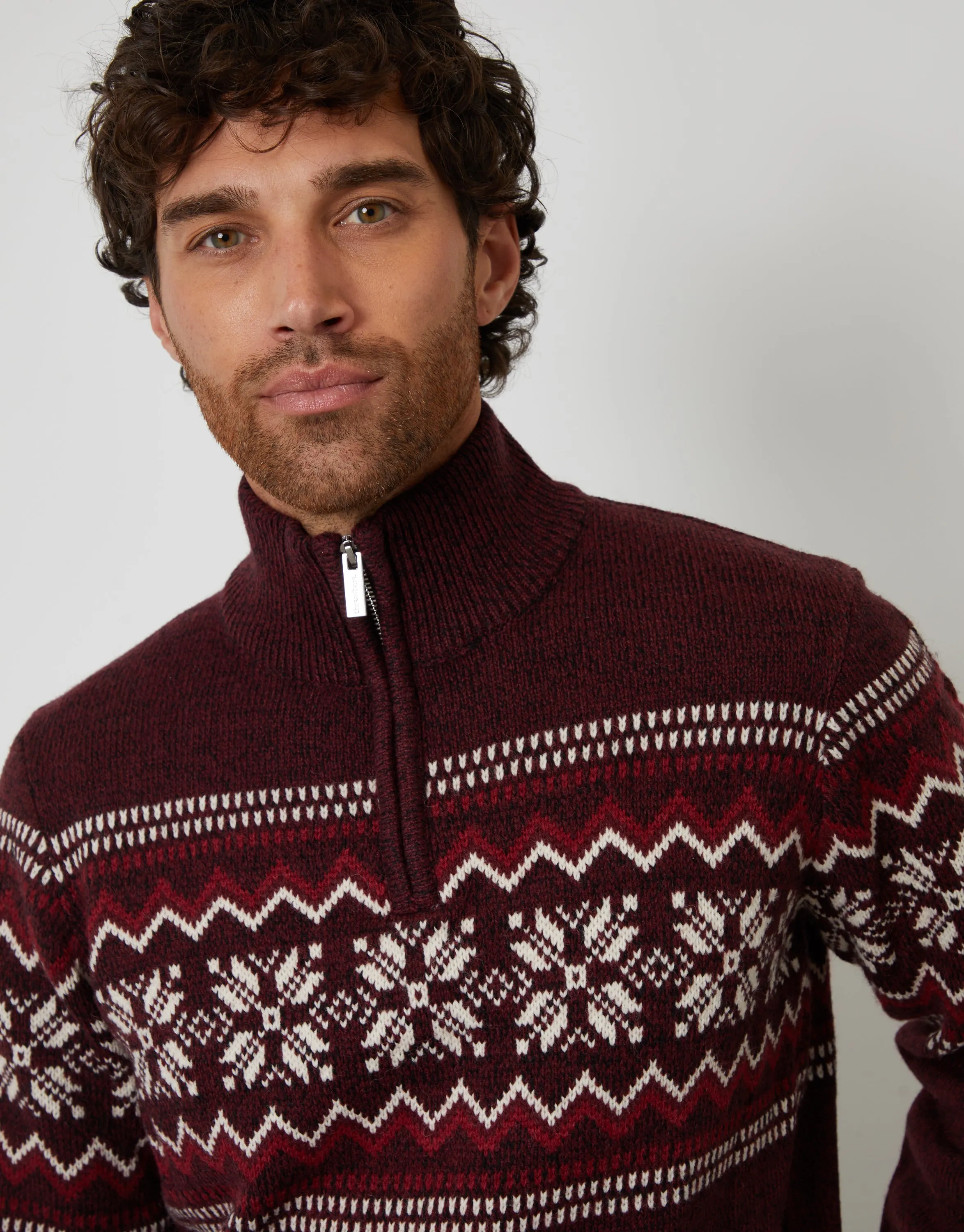 Burgundy Twist Fairisle Knitted Quarter Zip Jumper sold by Threadbare product image thumbnail 4