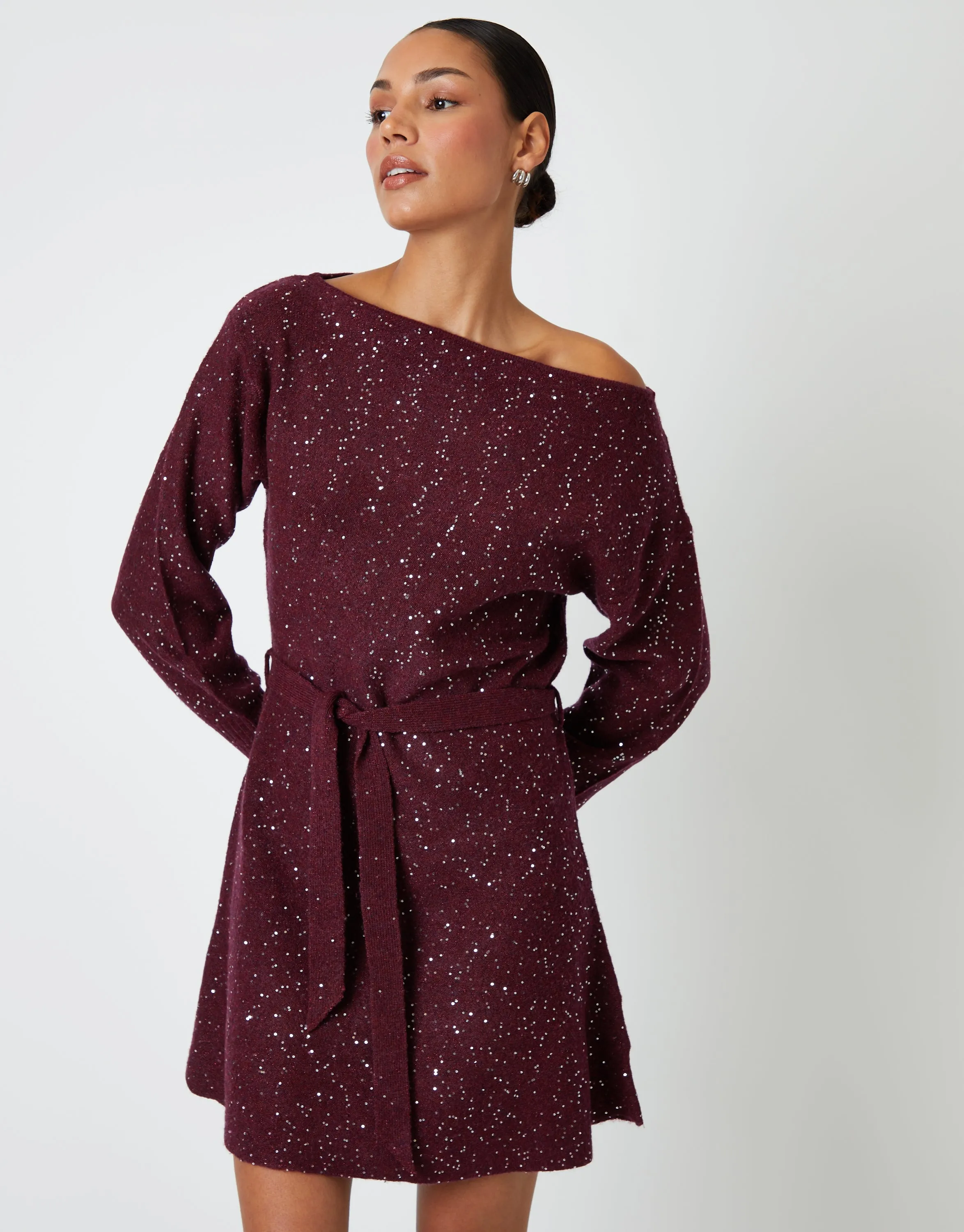 Berry Red Knitted Sequin Slash Neck Mini Dress sold by Threadbare product image thumbnail 2