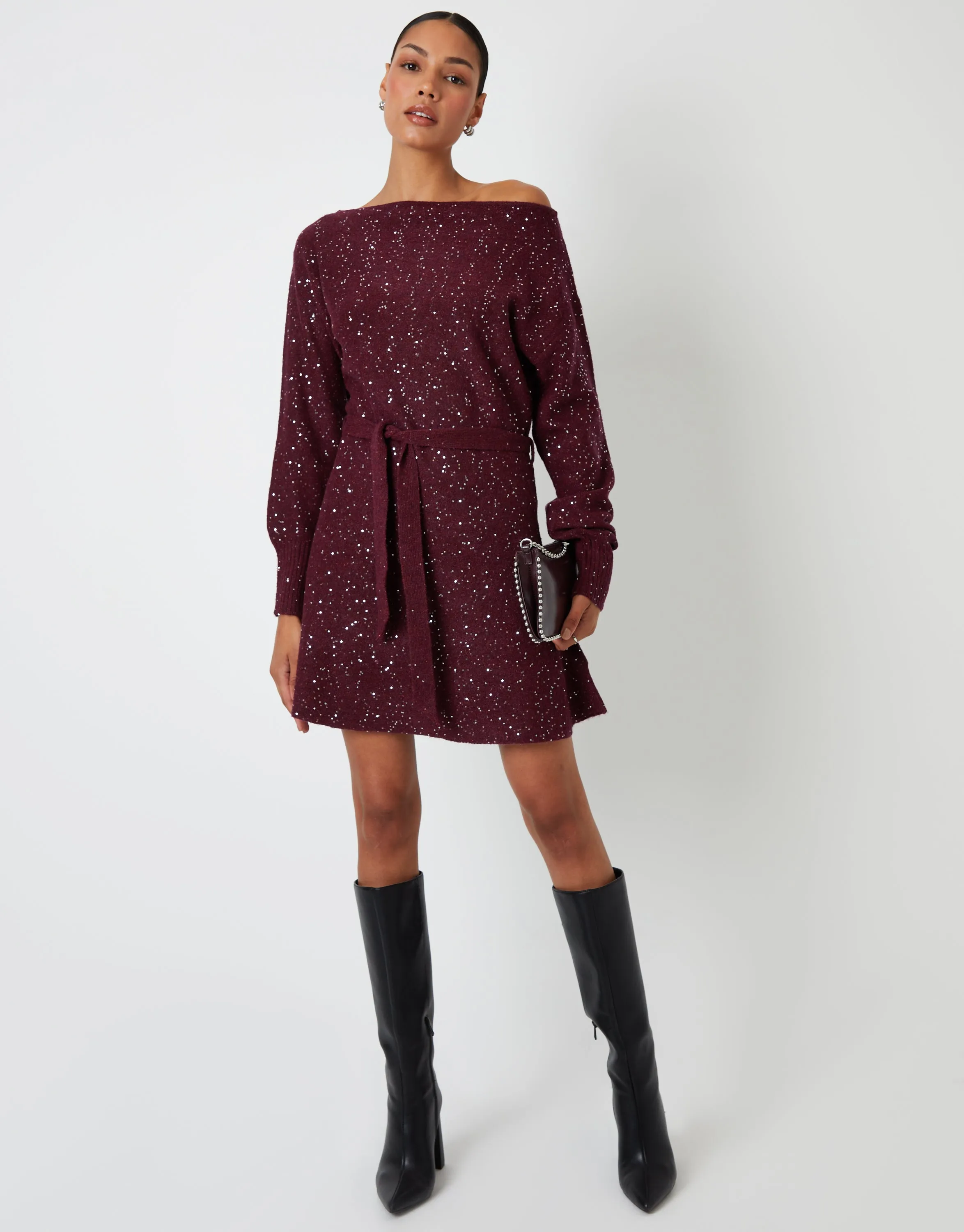 Berry Red Knitted Sequin Slash Neck Mini Dress sold by Threadbare product image thumbnail 4