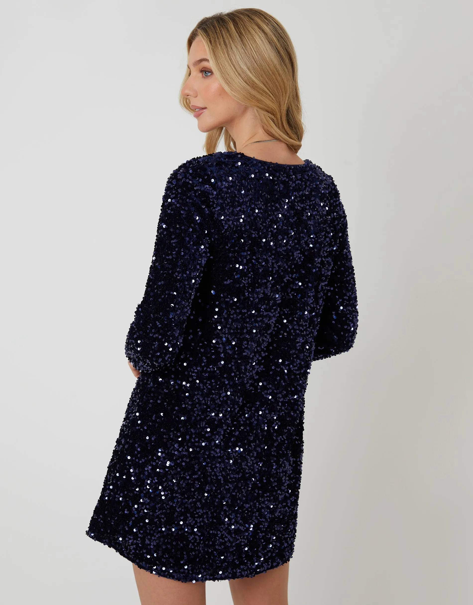 Navy Sequin Velour V Neck Mini Dress sold by Threadbare product image thumbnail 3