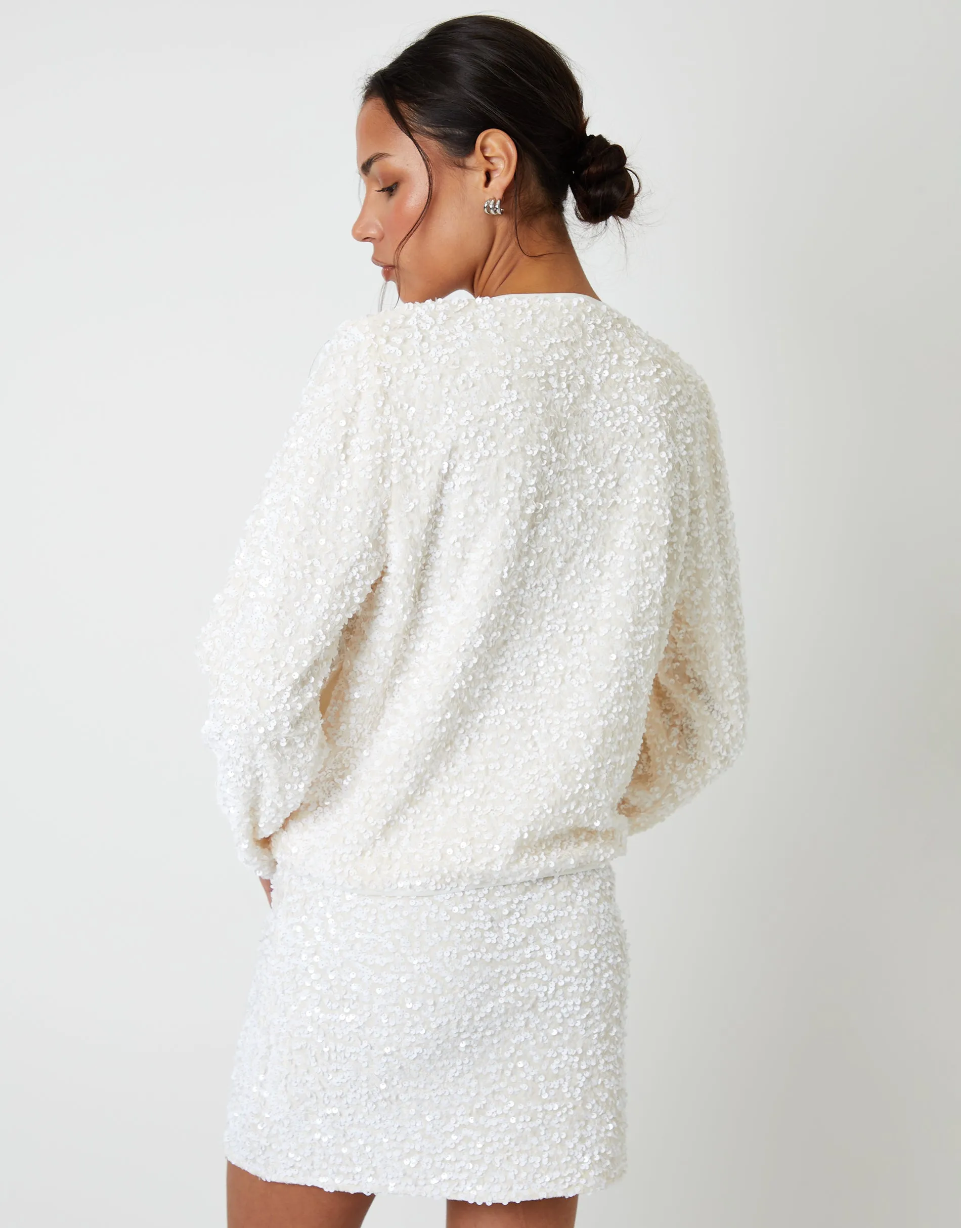 White Sequin Zip Up Bomber Jacket sold by Threadbare product image thumbnail 4