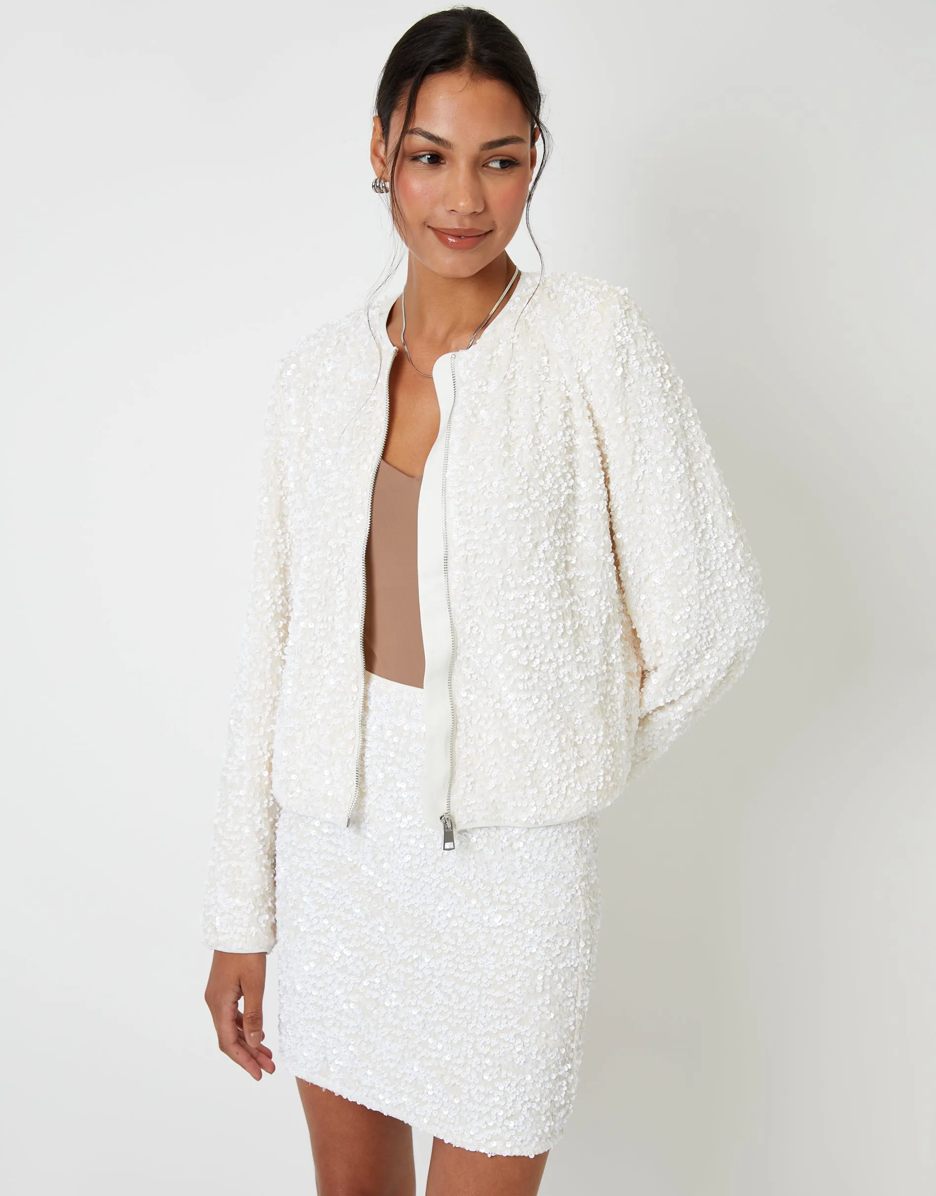 White Sequin Zip Up Bomber Jacket sold by Threadbare product image thumbnail 2