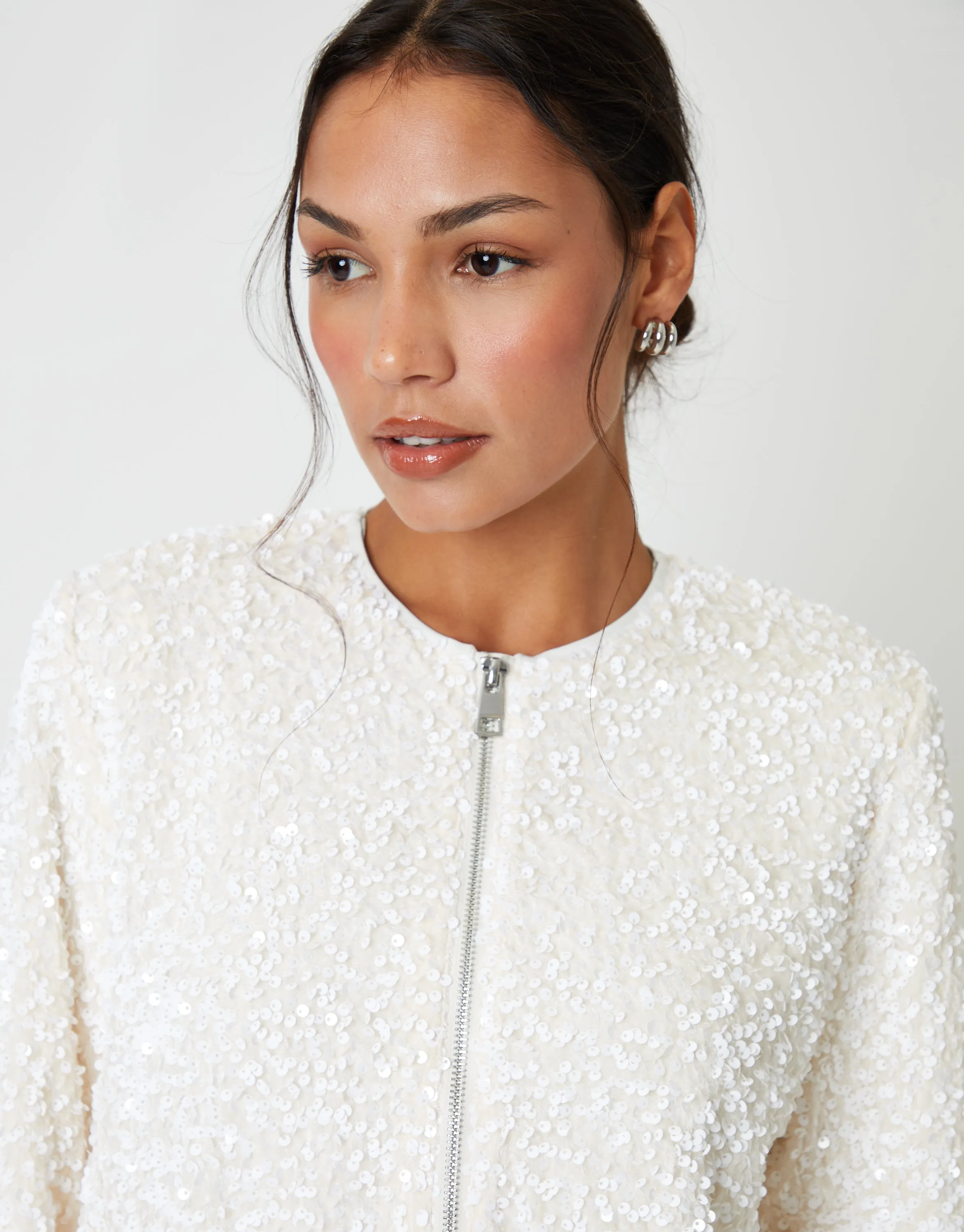 White Sequin Zip Up Bomber Jacket sold by Threadbare product image thumbnail 5