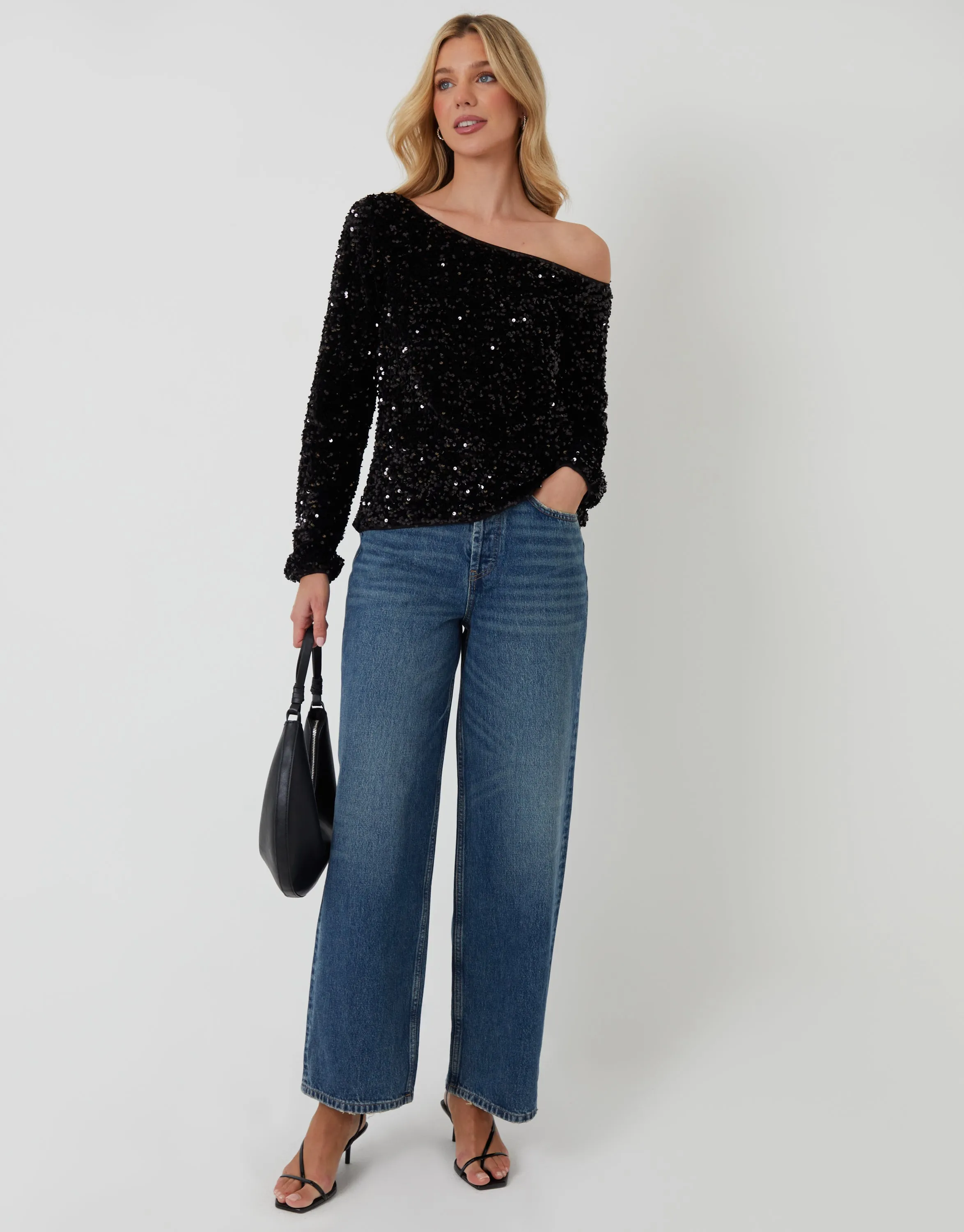 Black Sequin Velour Long Sleeve Slash Neck Top sold by Threadbare product image thumbnail 4