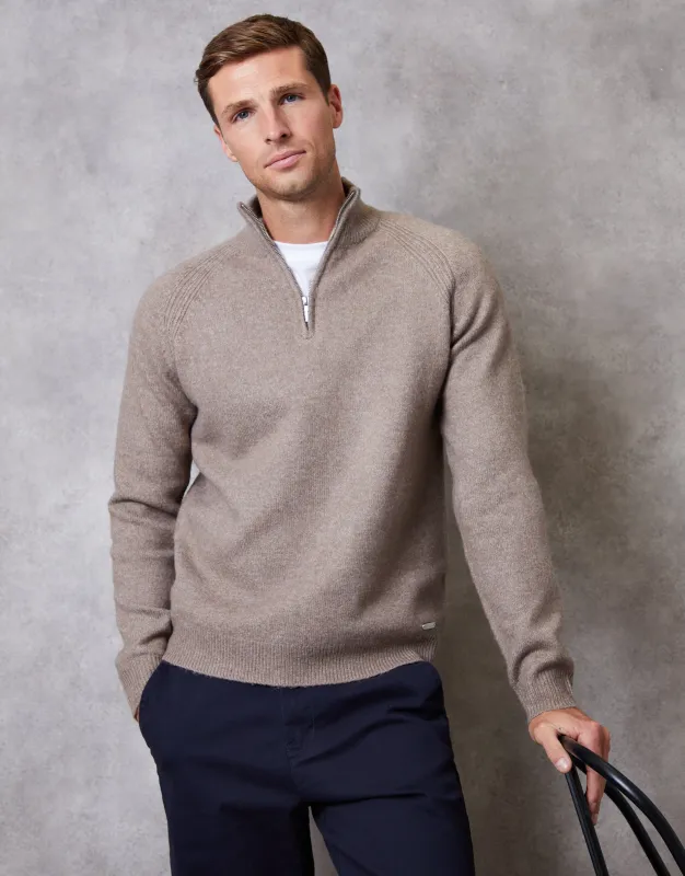 Taupe Raglan Rib Quarter Zip Knitted Jumper sold by Threadbare