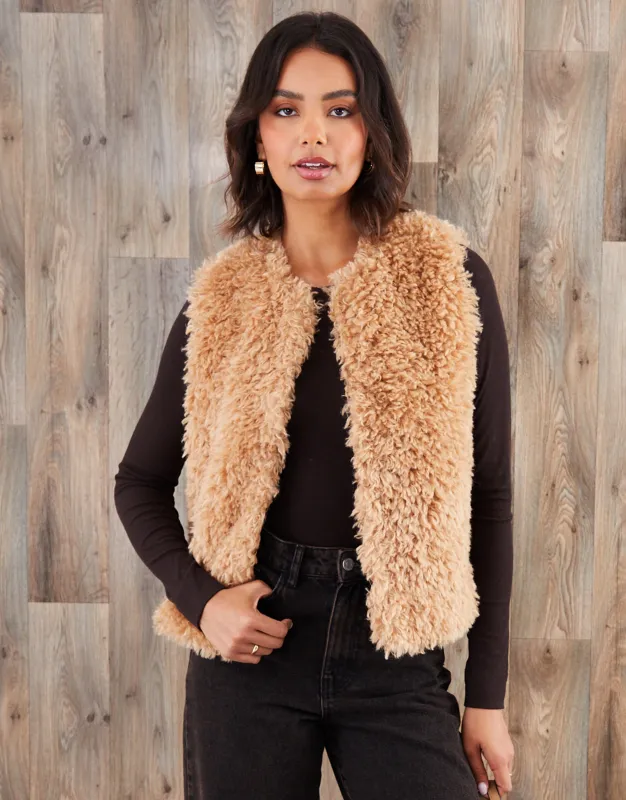 Camel Brown Faux Fur Gilet sold by Threadbare