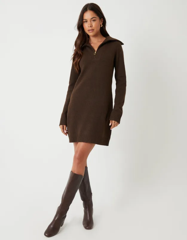 Chocolate Brown Quarter Zip Brushed Knit Mini Dress sold by Threadbare