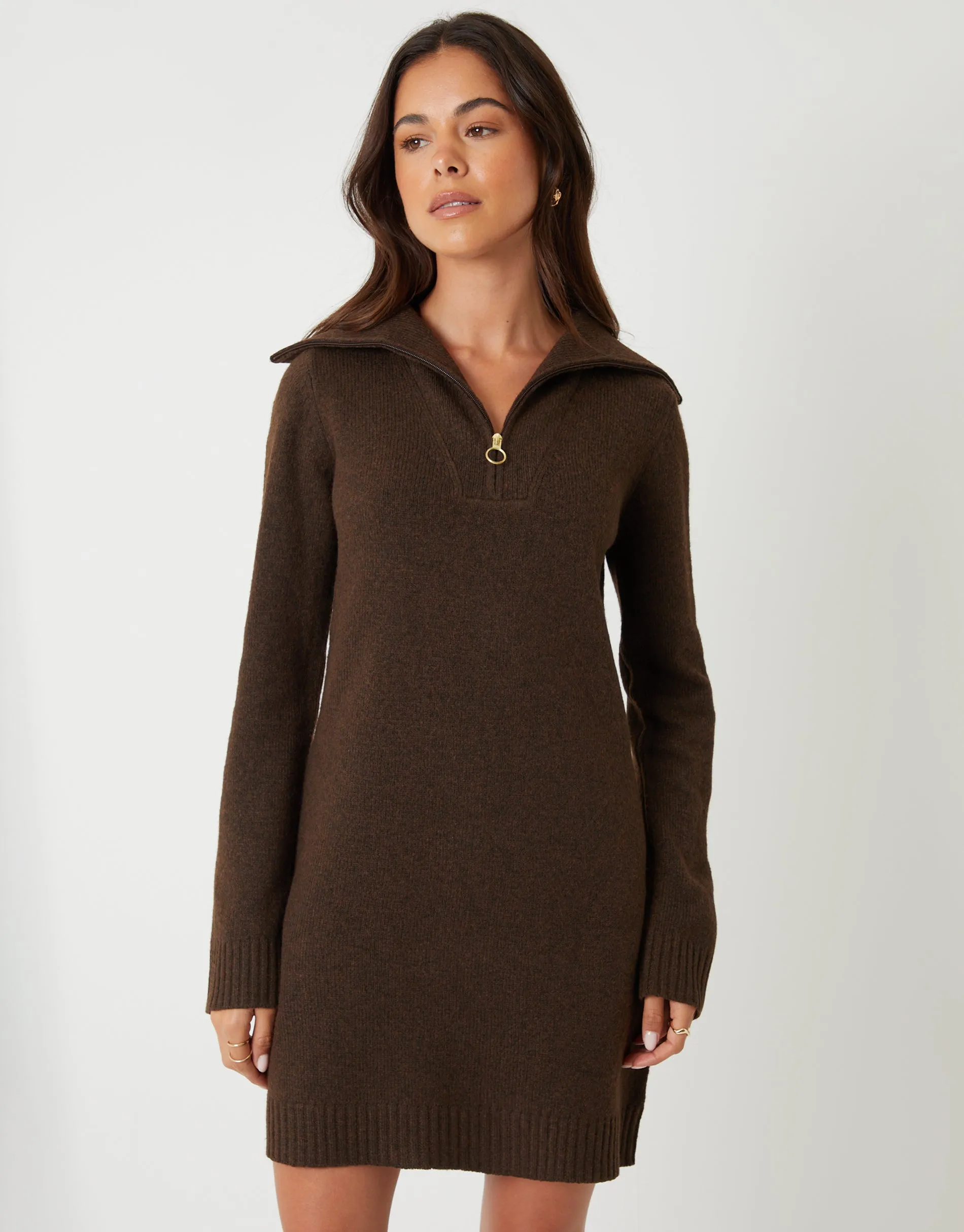 Chocolate Brown Quarter Zip Brushed Knit Mini Dress sold by Threadbare product image thumbnail 3