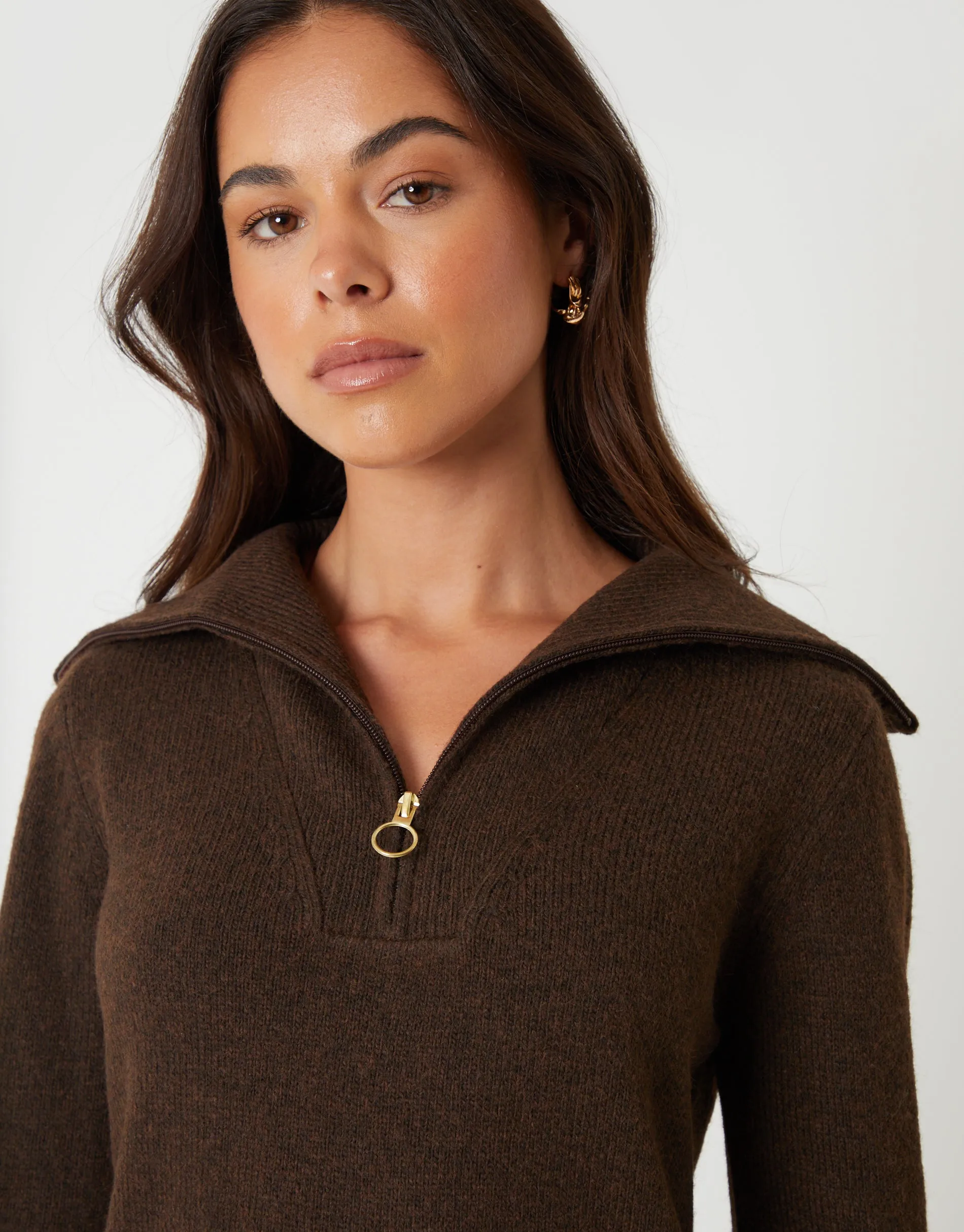 Chocolate Brown Quarter Zip Brushed Knit Mini Dress sold by Threadbare product image thumbnail 4