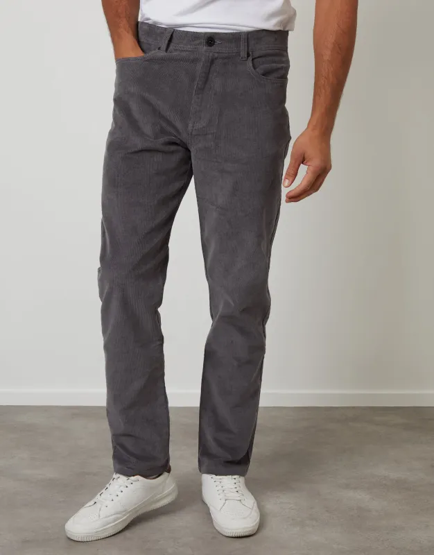 Slate Grey Straight Leg 5 Pocket Stretch Corduroy Trousers sold by Threadbare