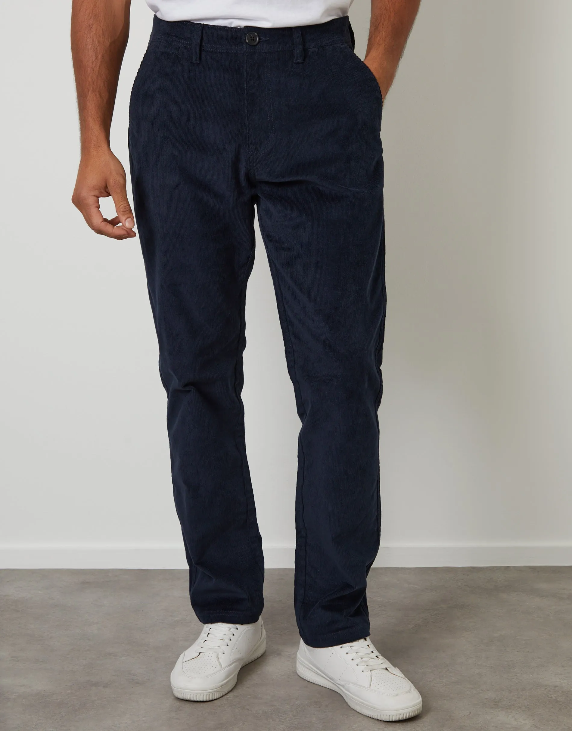Navy Straight Leg Stretch Corduroy Trousers sold by Threadbare