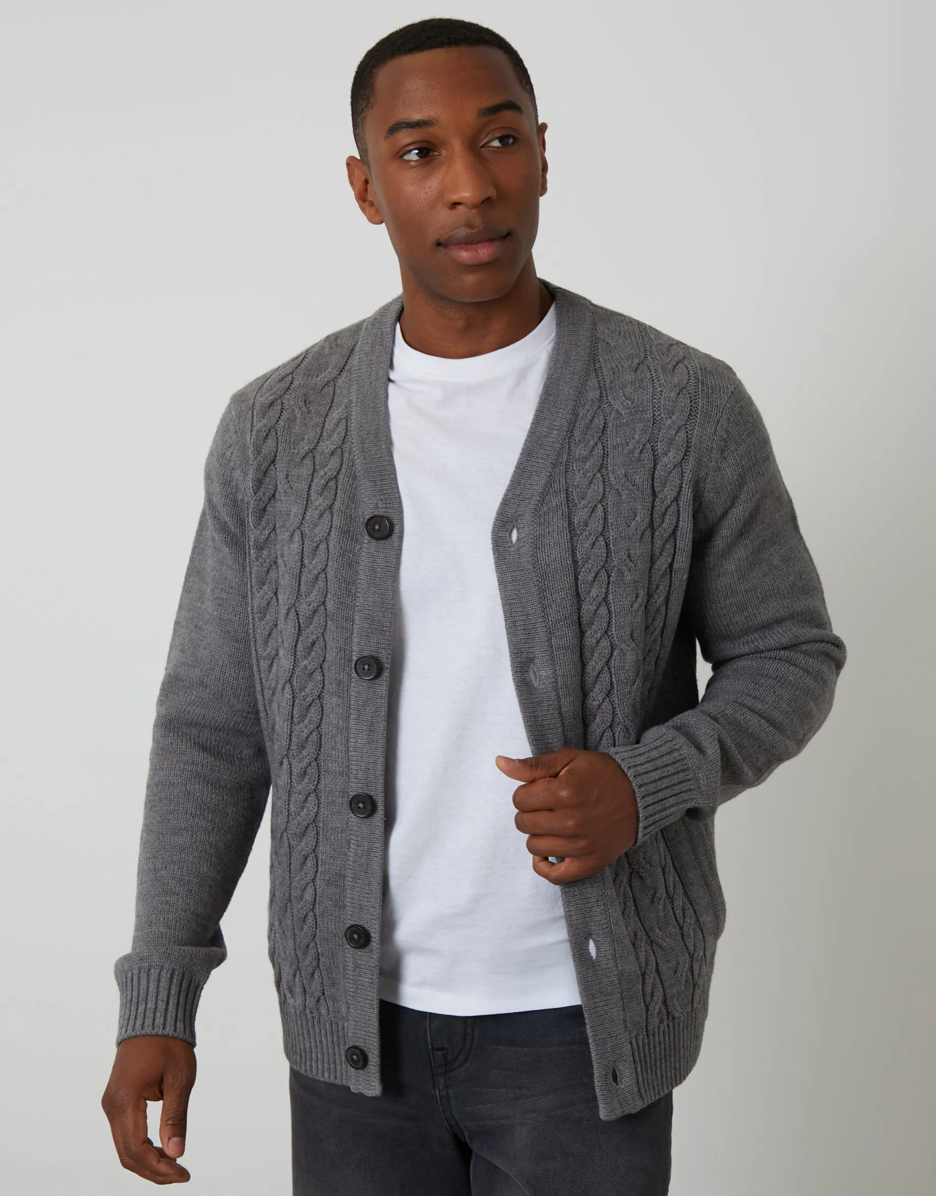Grey Cable Knit Detail V-Neck Cardigan sold by Threadbare