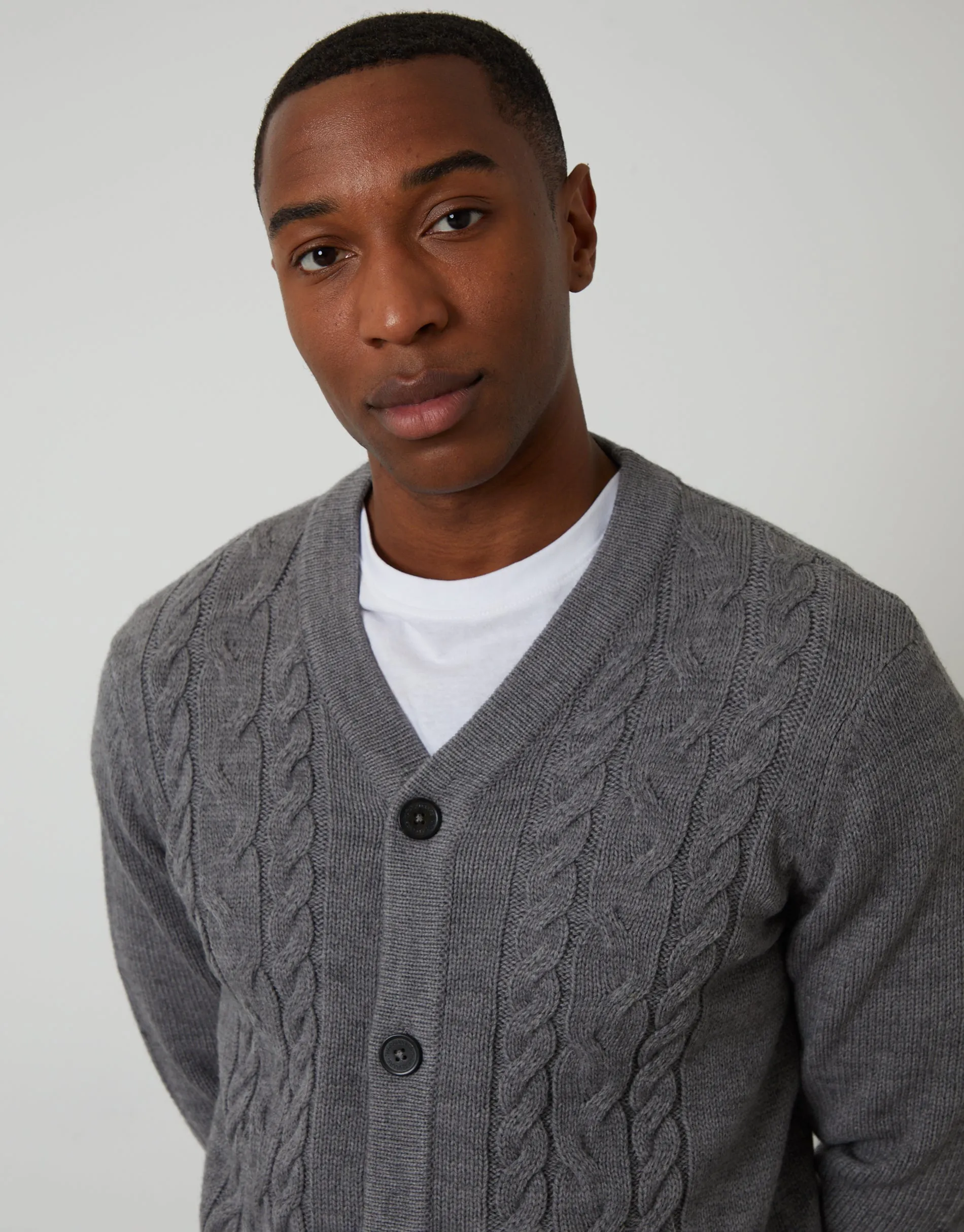 Grey Cable Knit Detail V-Neck Cardigan sold by Threadbare product image thumbnail 4