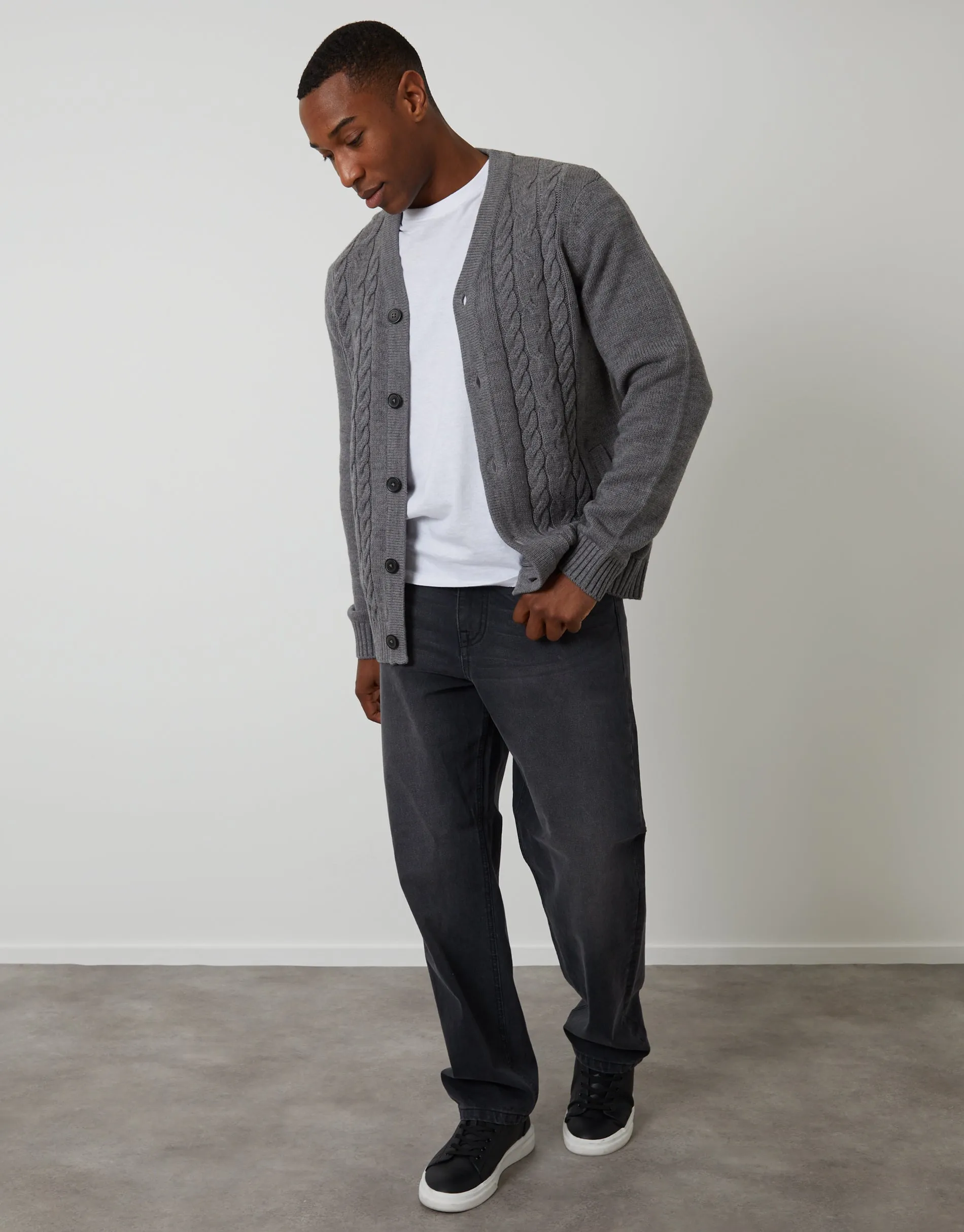 Grey Cable Knit Detail V-Neck Cardigan sold by Threadbare product image thumbnail 3