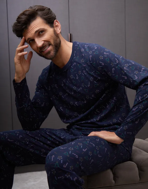 Navy Printed Christmas Long Pyjamas (2-Piece Set) sold by Threadbare