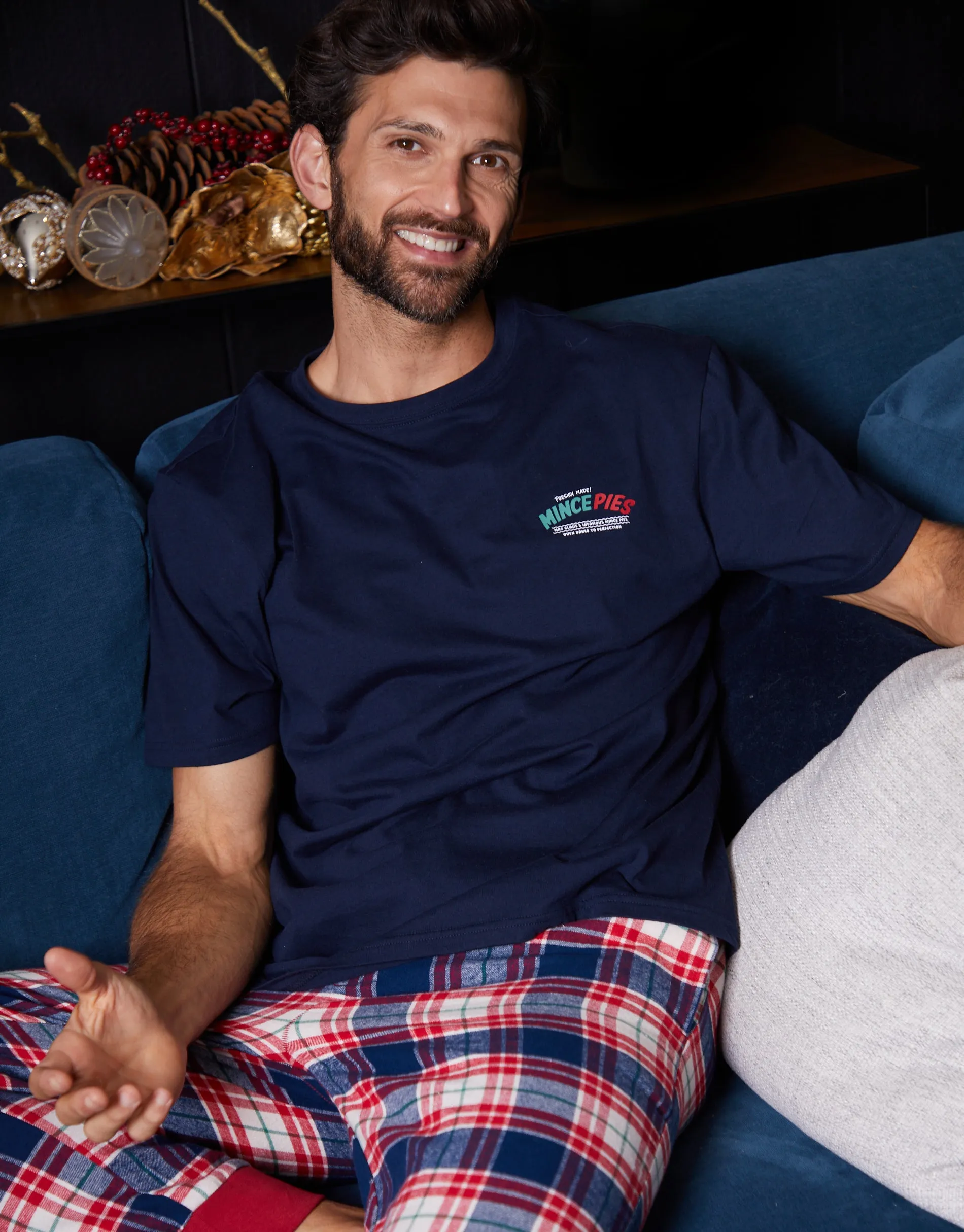 Navy Check Christmas Graphic Pyjamas (2-Piece Set) sold by Threadbare