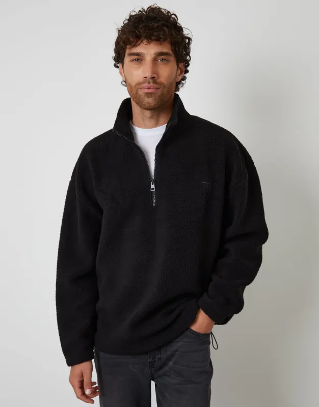 Black Relaxed Fit Quarter Zip Borg Sweatshirt sold by Threadbare