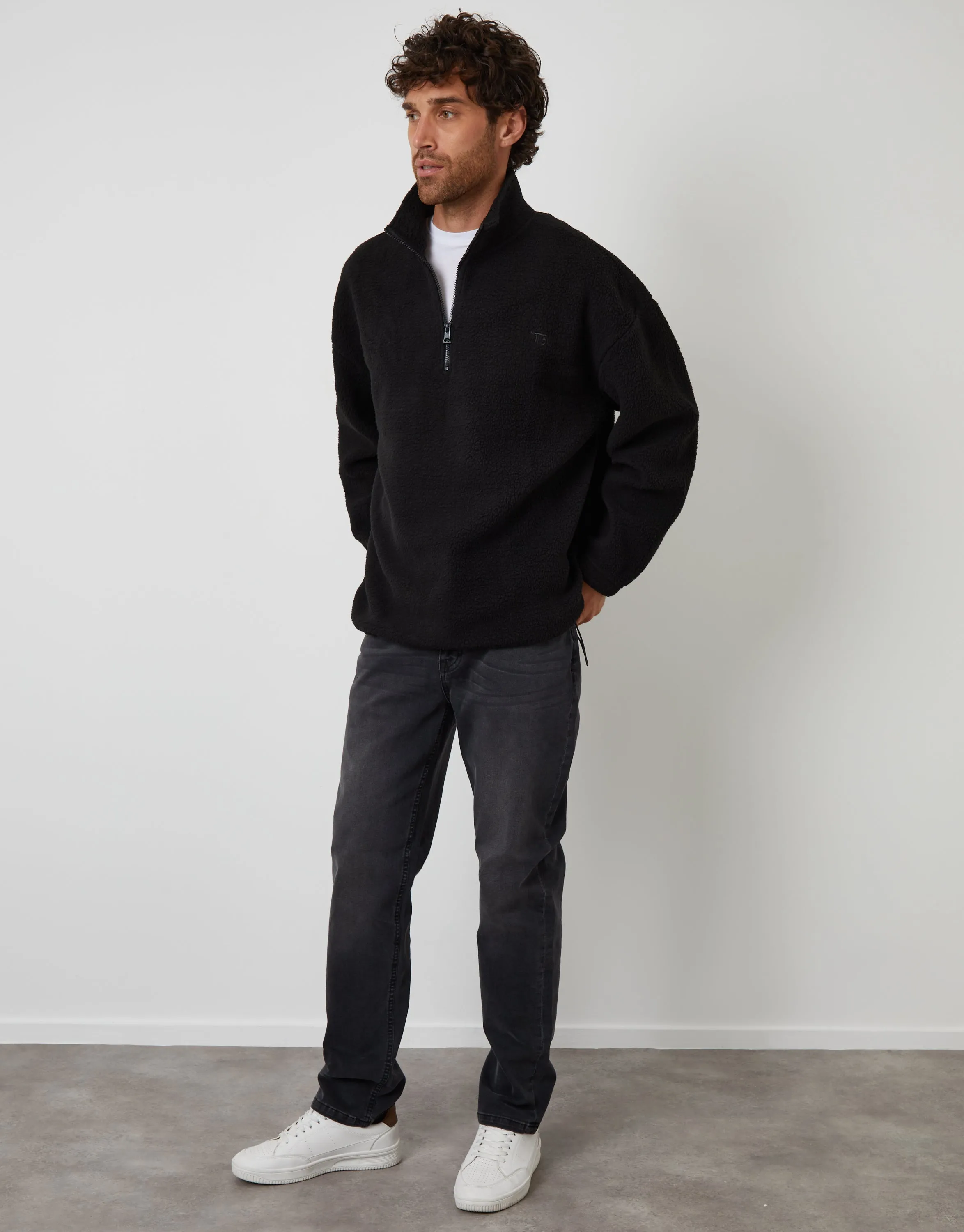 Black Relaxed Fit Quarter Zip Borg Sweatshirt sold by Threadbare product image thumbnail 3
