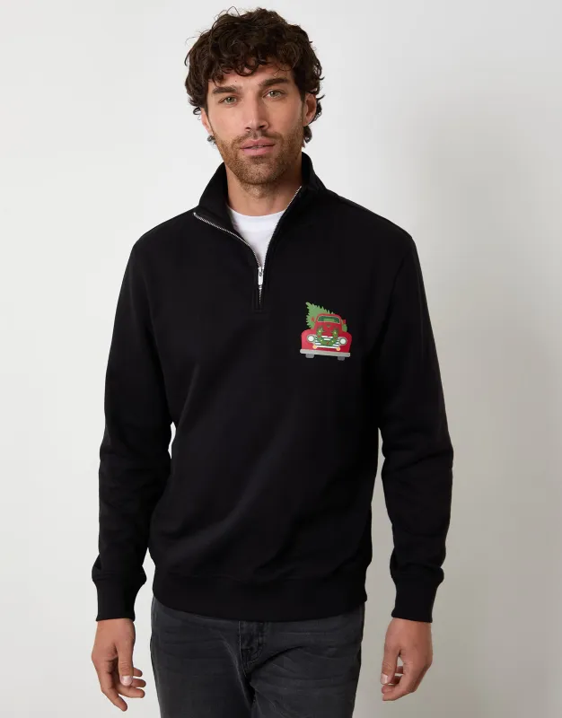 Black Christmas Graphic Print Quarter Zip Sweatshirt sold by Threadbare