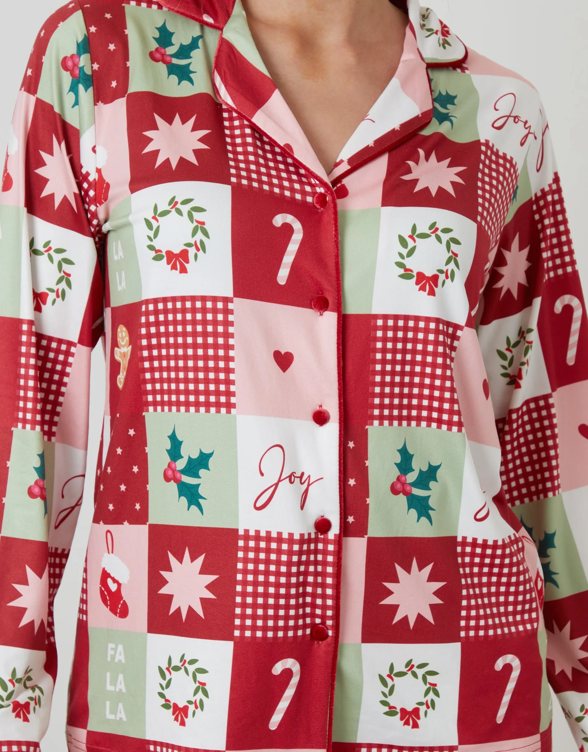 Red Patchwork Print Long Button-Through Christmas Pyjamas (2-Piece Set) sold by Threadbare product image thumbnail 4