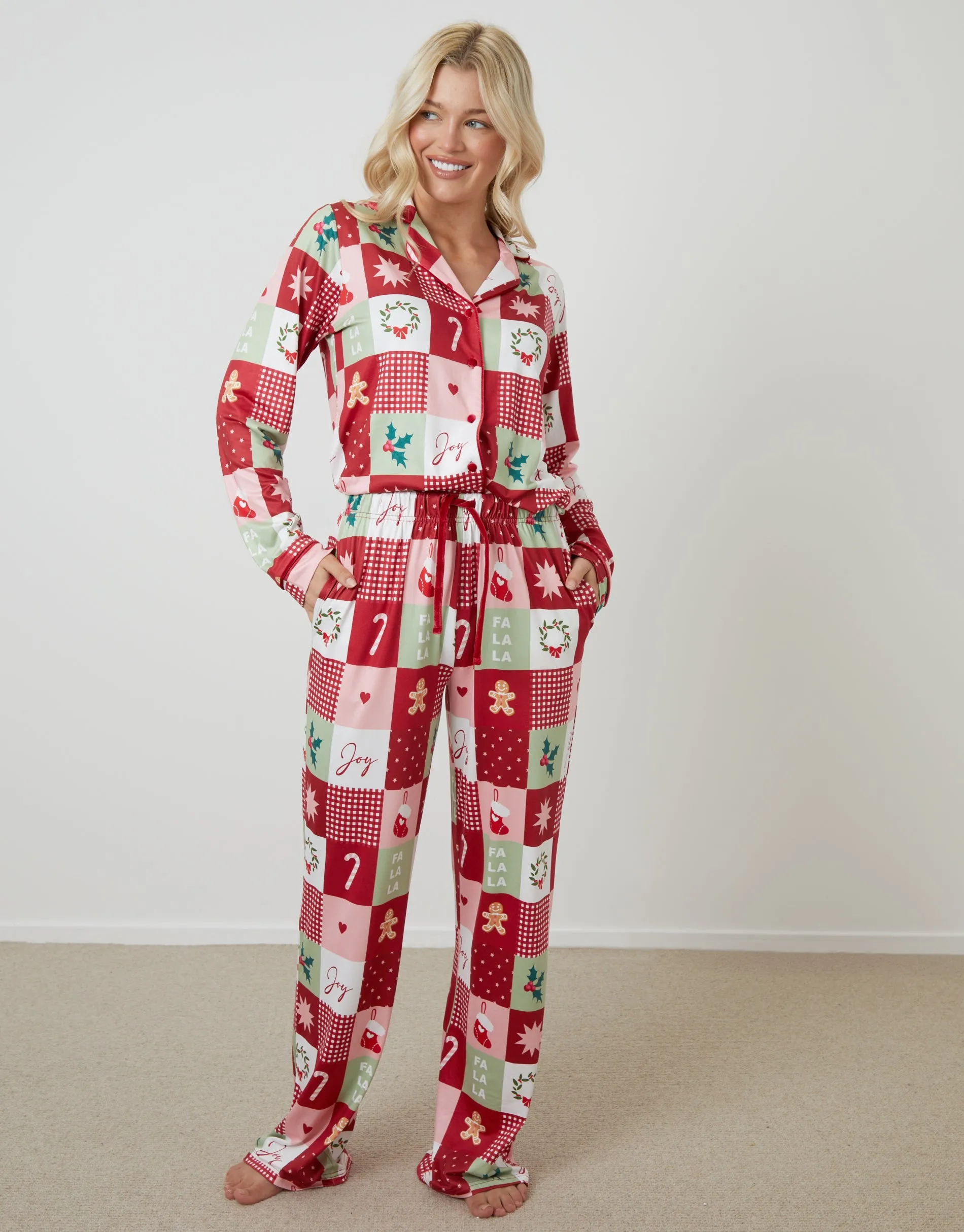 Red Patchwork Print Long Button-Through Christmas Pyjamas (2-Piece Set) sold by Threadbare product image thumbnail 5
