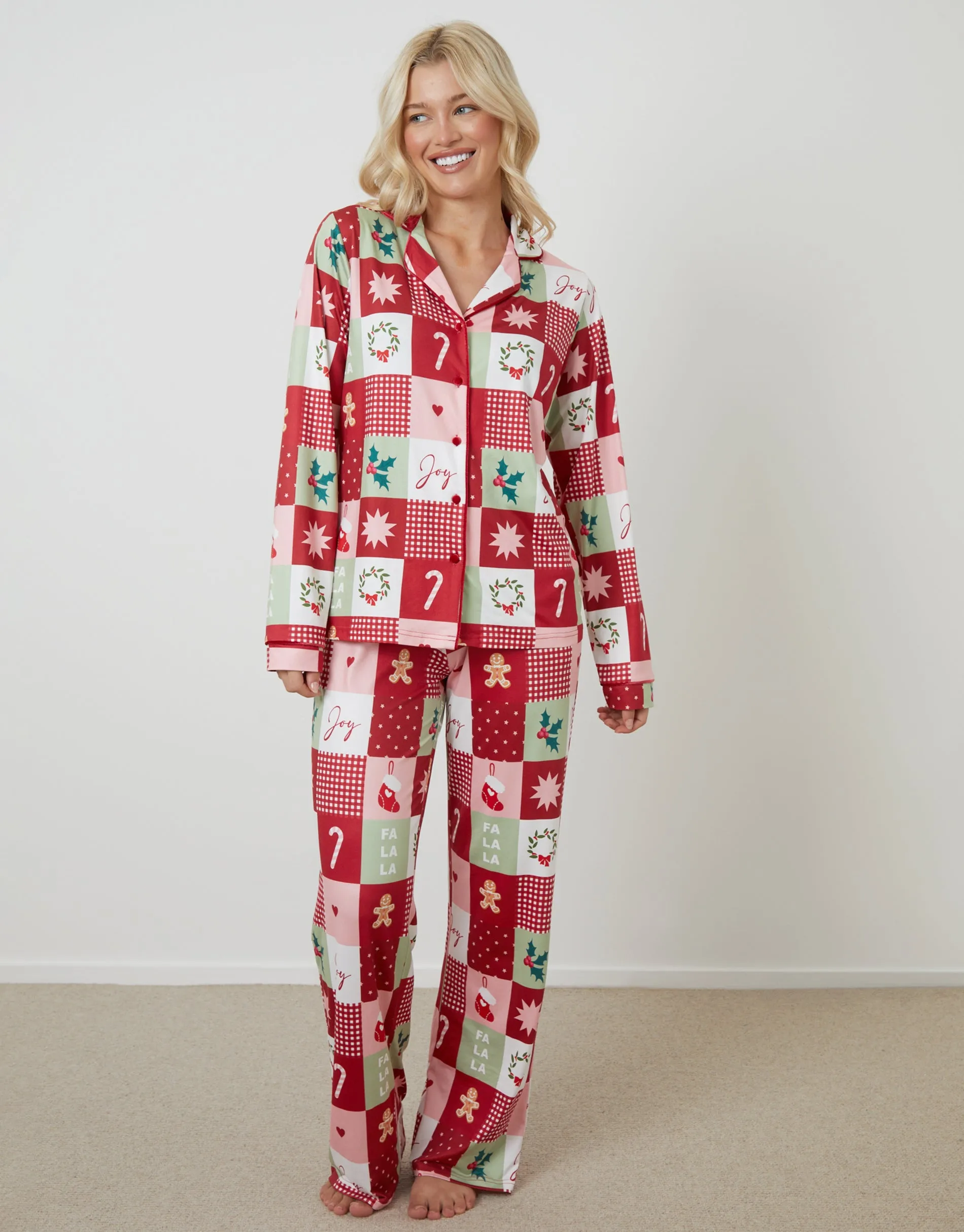 Red Patchwork Print Long Button-Through Christmas Pyjamas (2-Piece Set) sold by Threadbare product image thumbnail 2