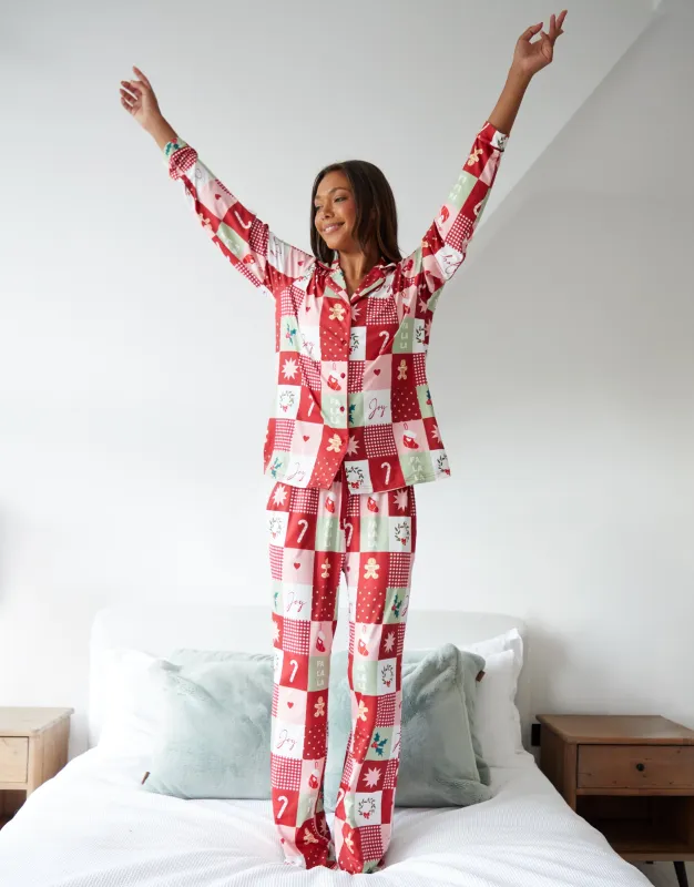 Red Patchwork Print Long Button-Through Christmas Pyjamas (2-Piece Set) sold by Threadbare