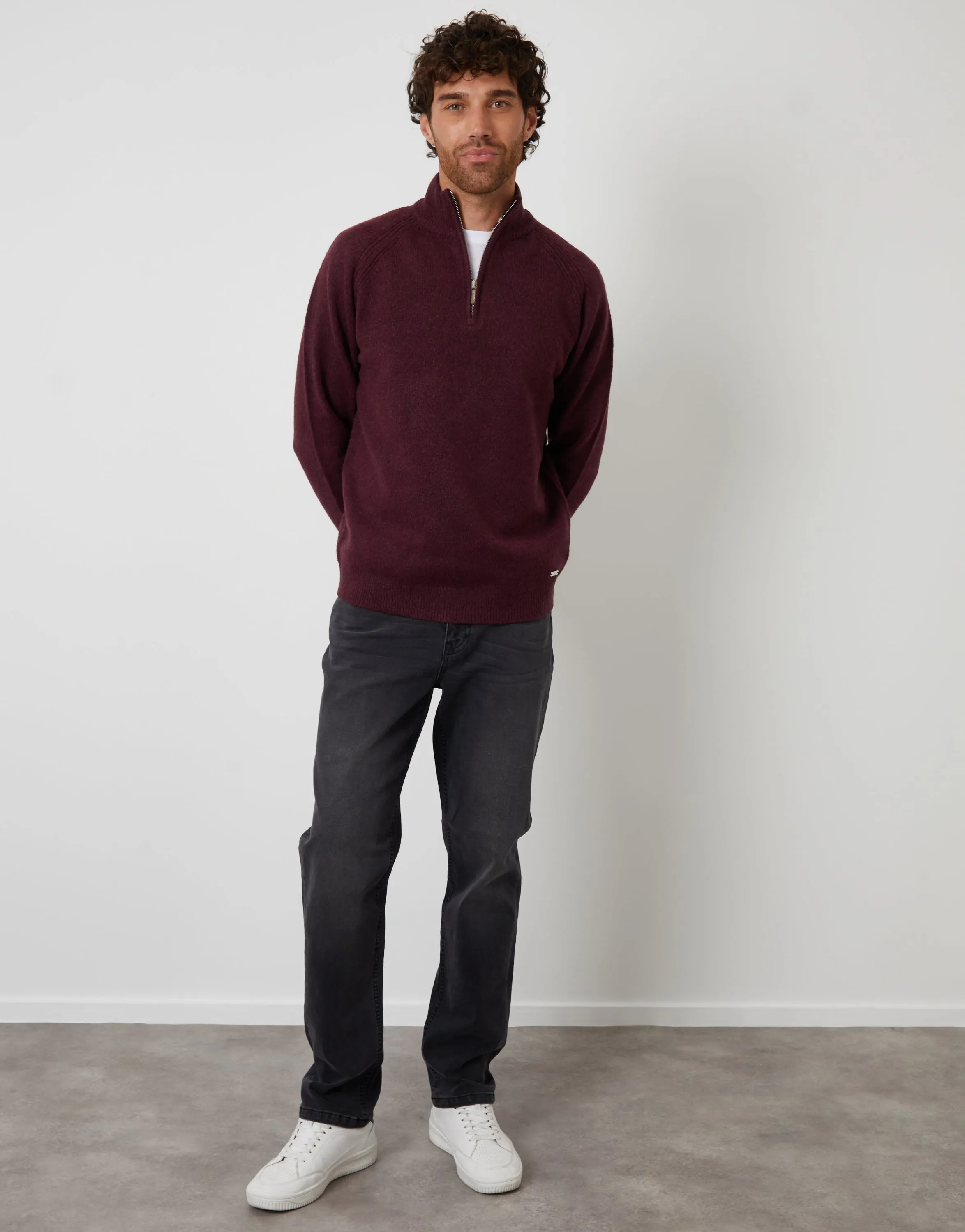 Berry Red Raglan Rib Quarter Zip Knitted Jumper sold by Threadbare product image thumbnail 3