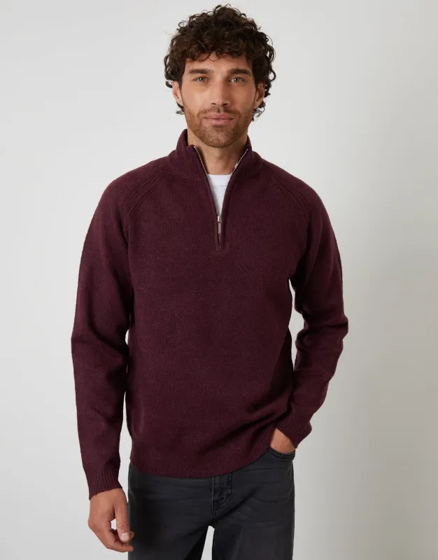 Berry Red Raglan Rib Quarter Zip Knitted Jumper sold by Threadbare