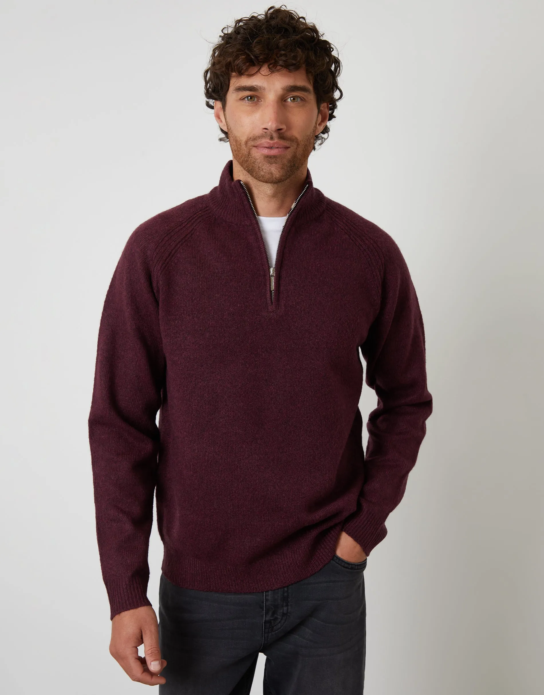 Berry Red Raglan Rib Quarter Zip Knitted Jumper sold by Threadbare