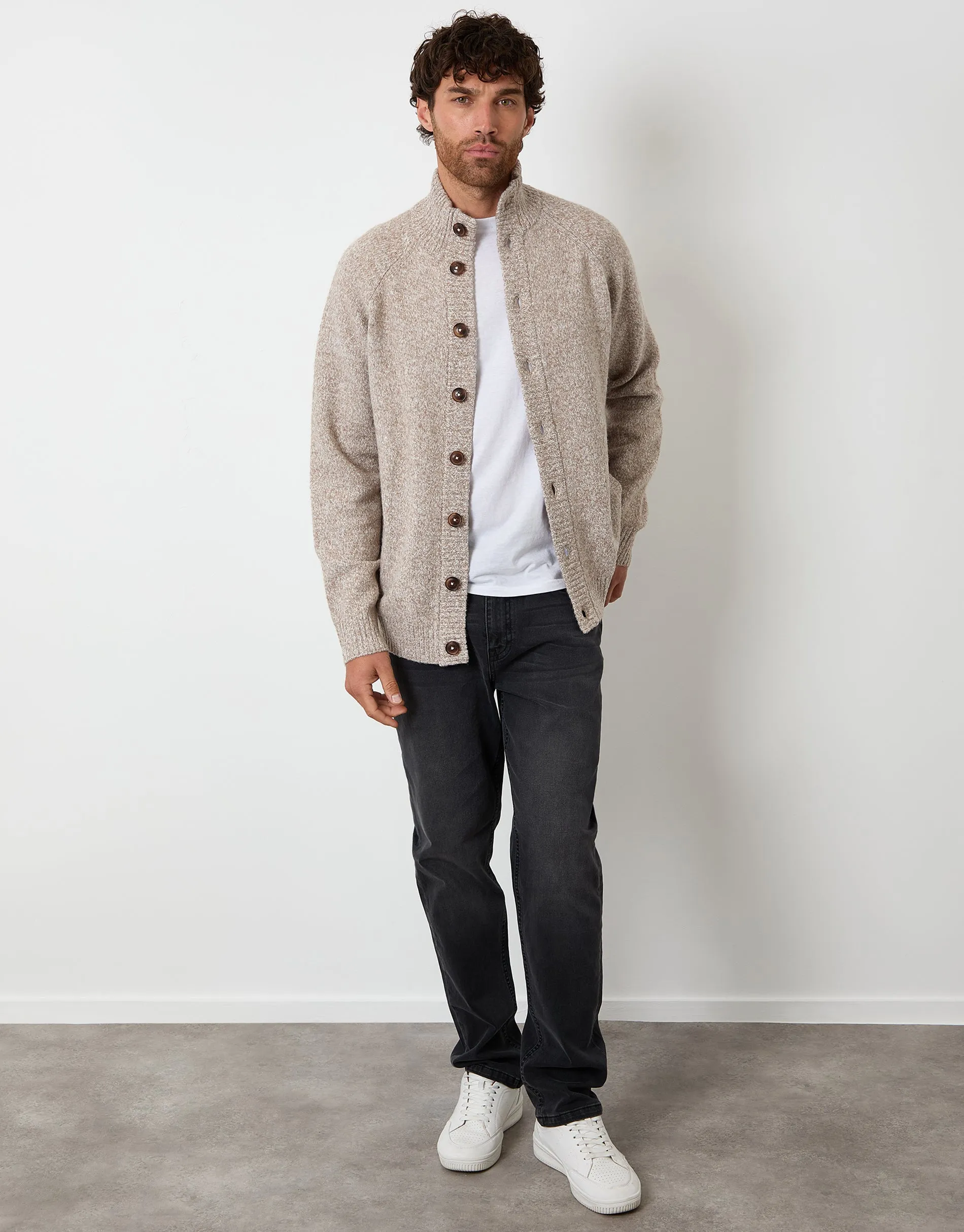 Taupe Funnel Neck Button Up Knitted Cardigan sold by Threadbare product image thumbnail 3