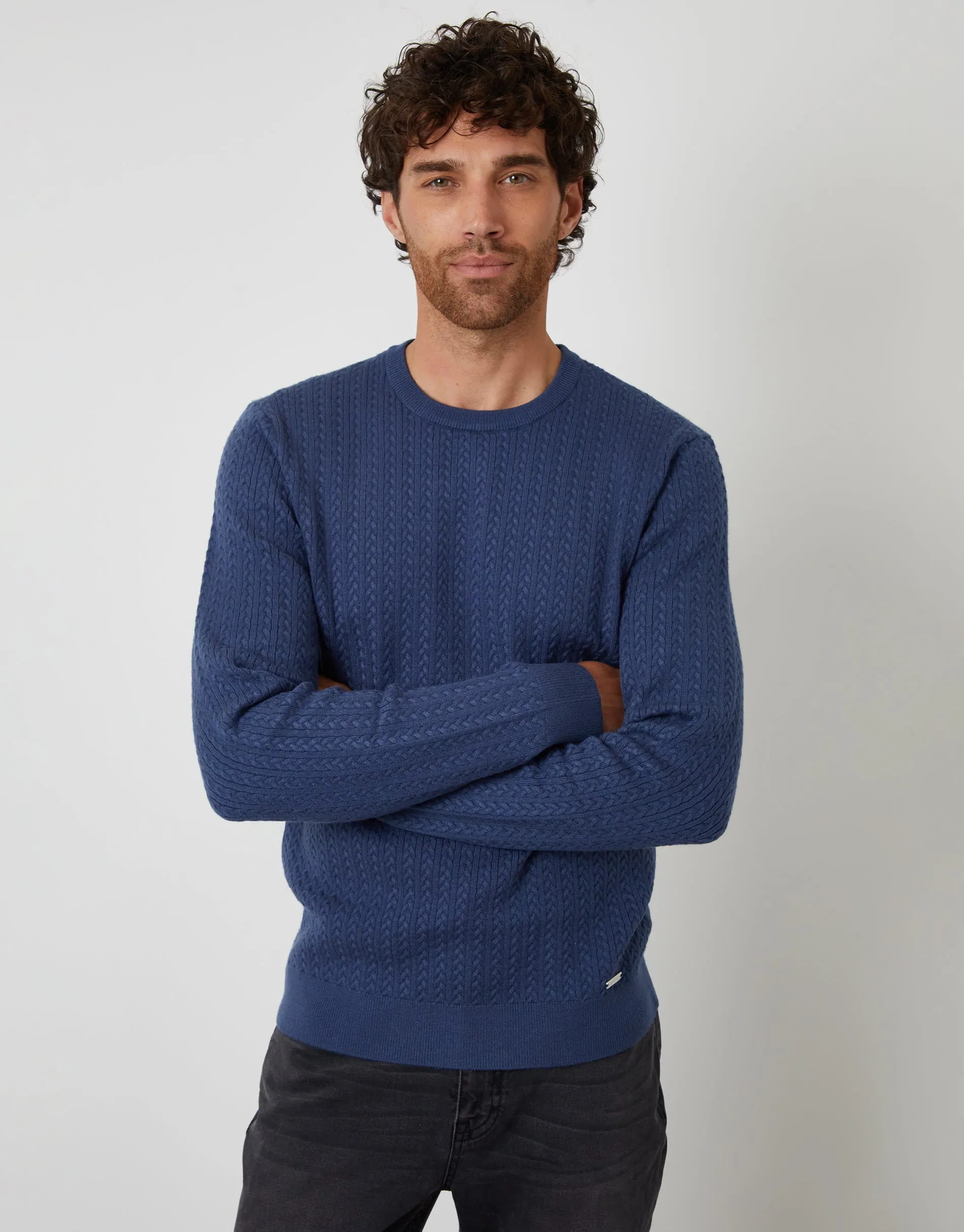 Denim Blue Cable Knit Rib Crew Neck Jumper sold by Threadbare