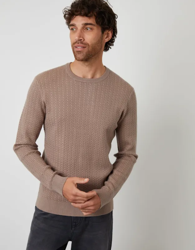 Taupe Cable Knit Rib Crew Neck Jumper sold by Threadbare