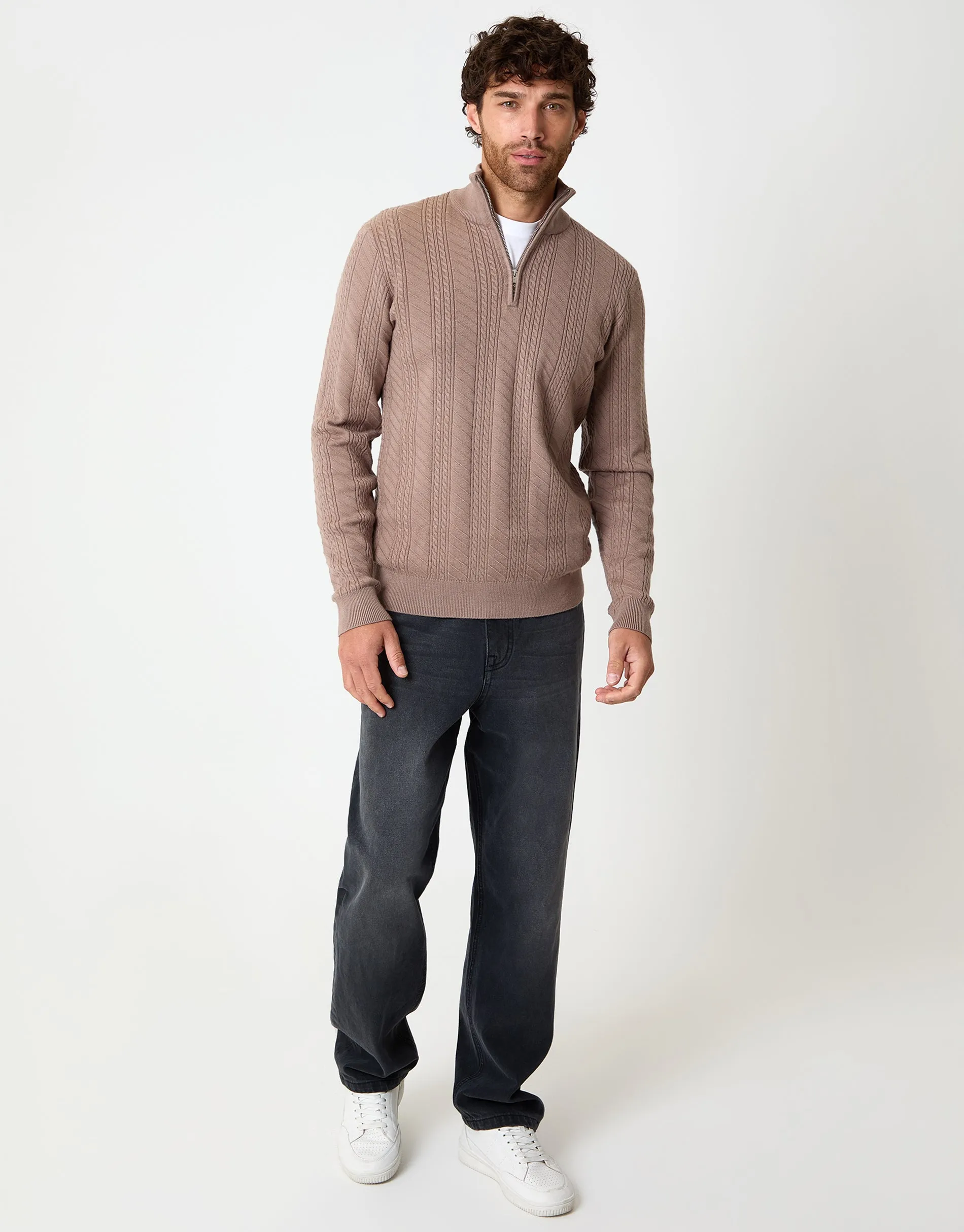 Taupe Cable Knit Quarter Zip Jumper sold by Threadbare product image thumbnail 3