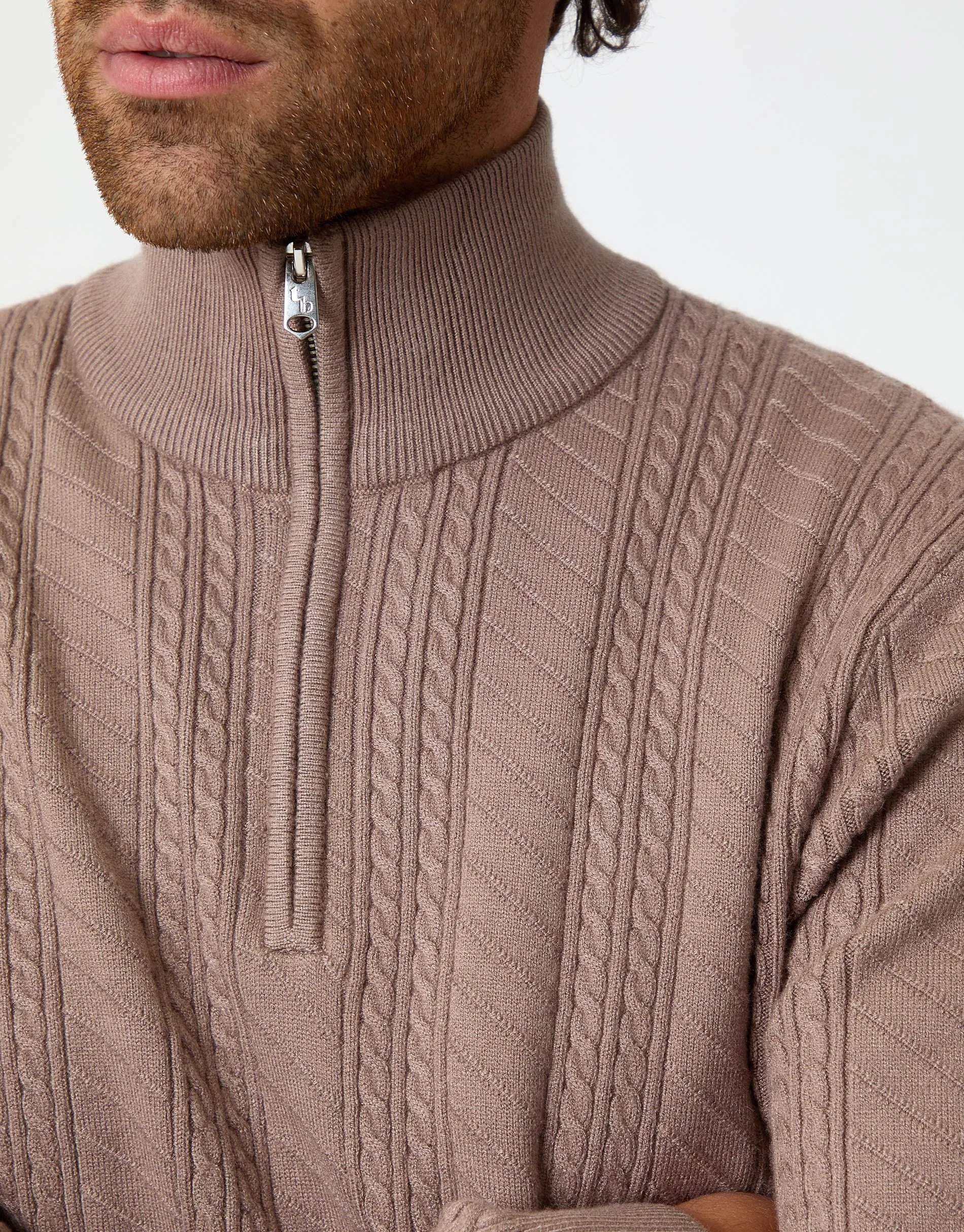 Taupe Cable Knit Quarter Zip Jumper sold by Threadbare product image thumbnail 4
