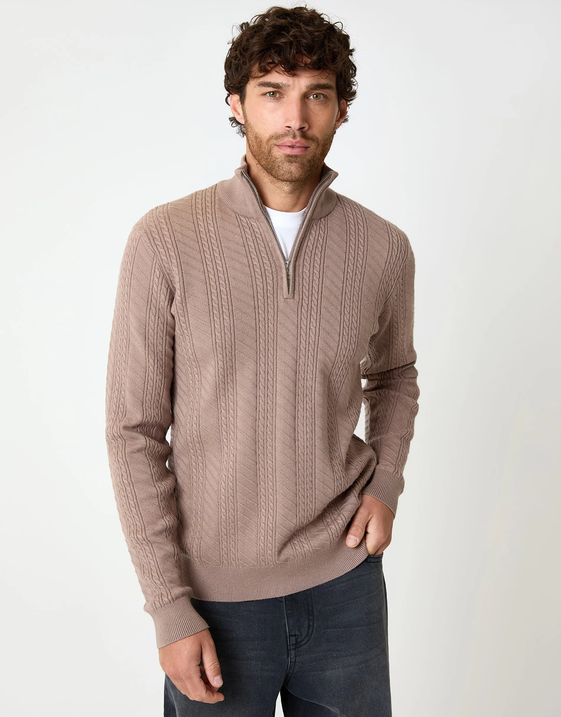 Taupe Cable Knit Quarter Zip Jumper sold by Threadbare