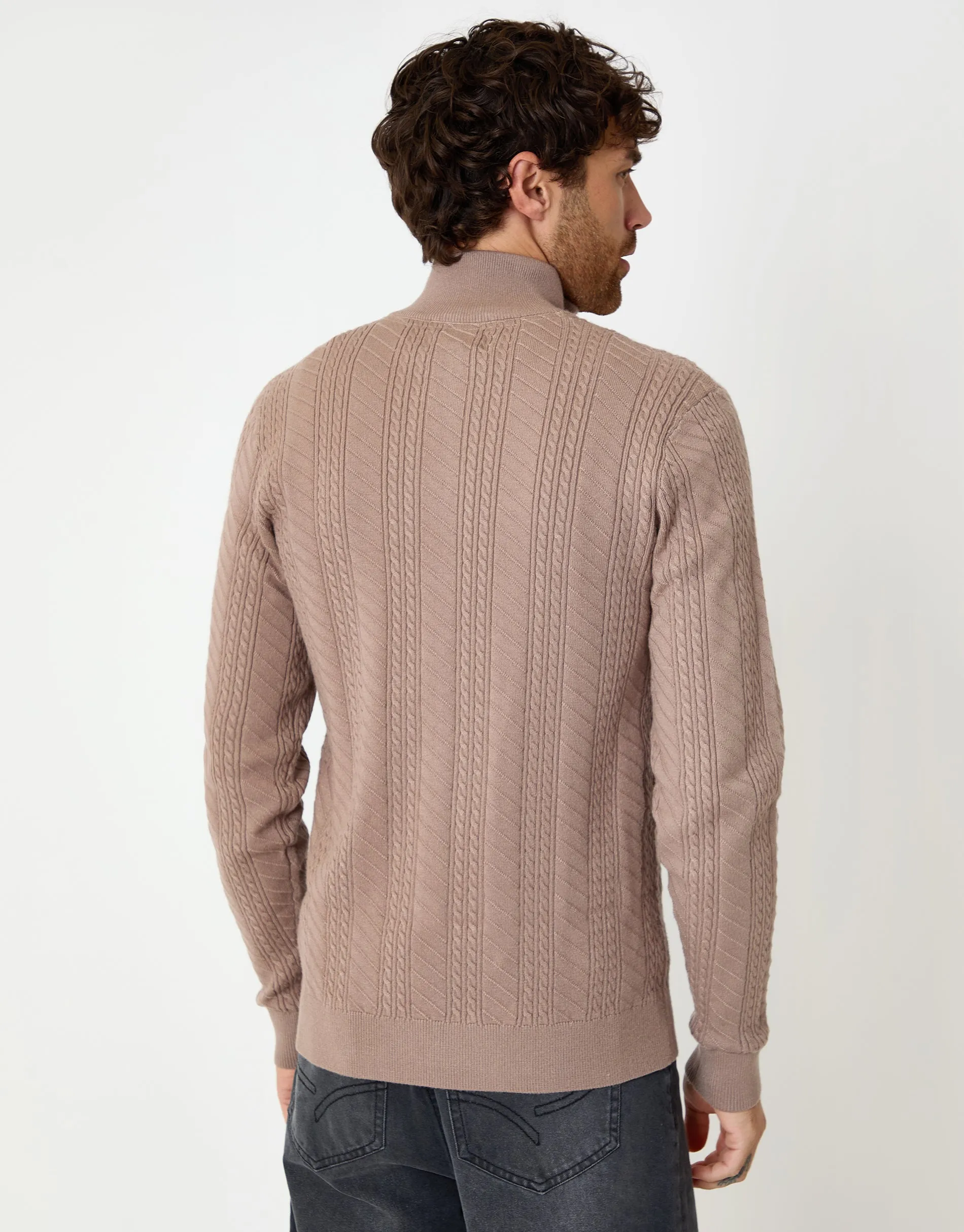 Taupe Cable Knit Quarter Zip Jumper sold by Threadbare product image thumbnail 2