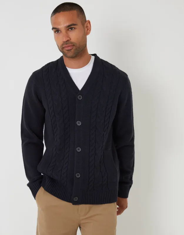 Navy Cable Knit Detail V-Neck Cardigan sold by Threadbare