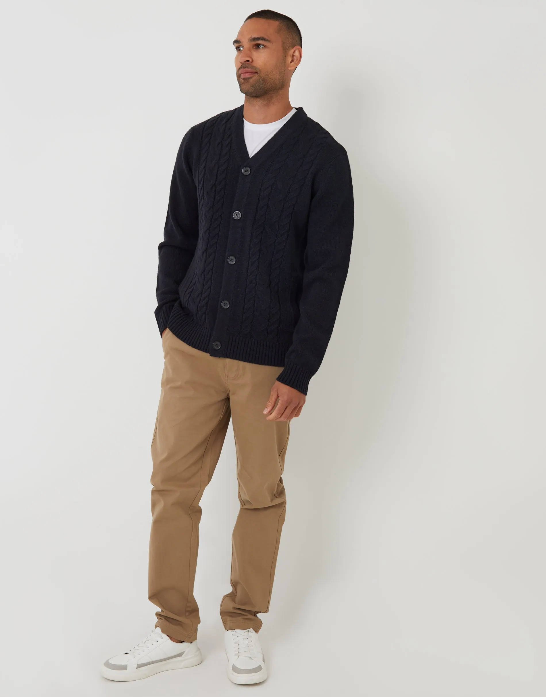 Navy Cable Knit Detail V-Neck Cardigan sold by Threadbare product image thumbnail 3