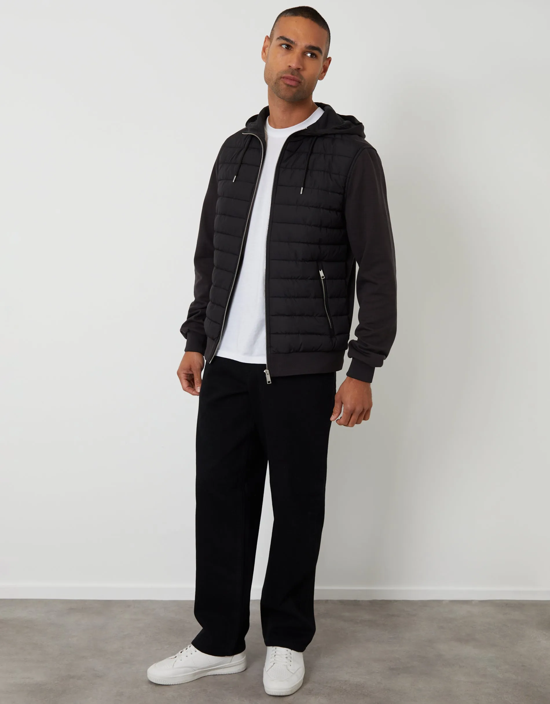 Black Quilted Hybrid Hooded Jacket sold by Threadbare product image thumbnail 3