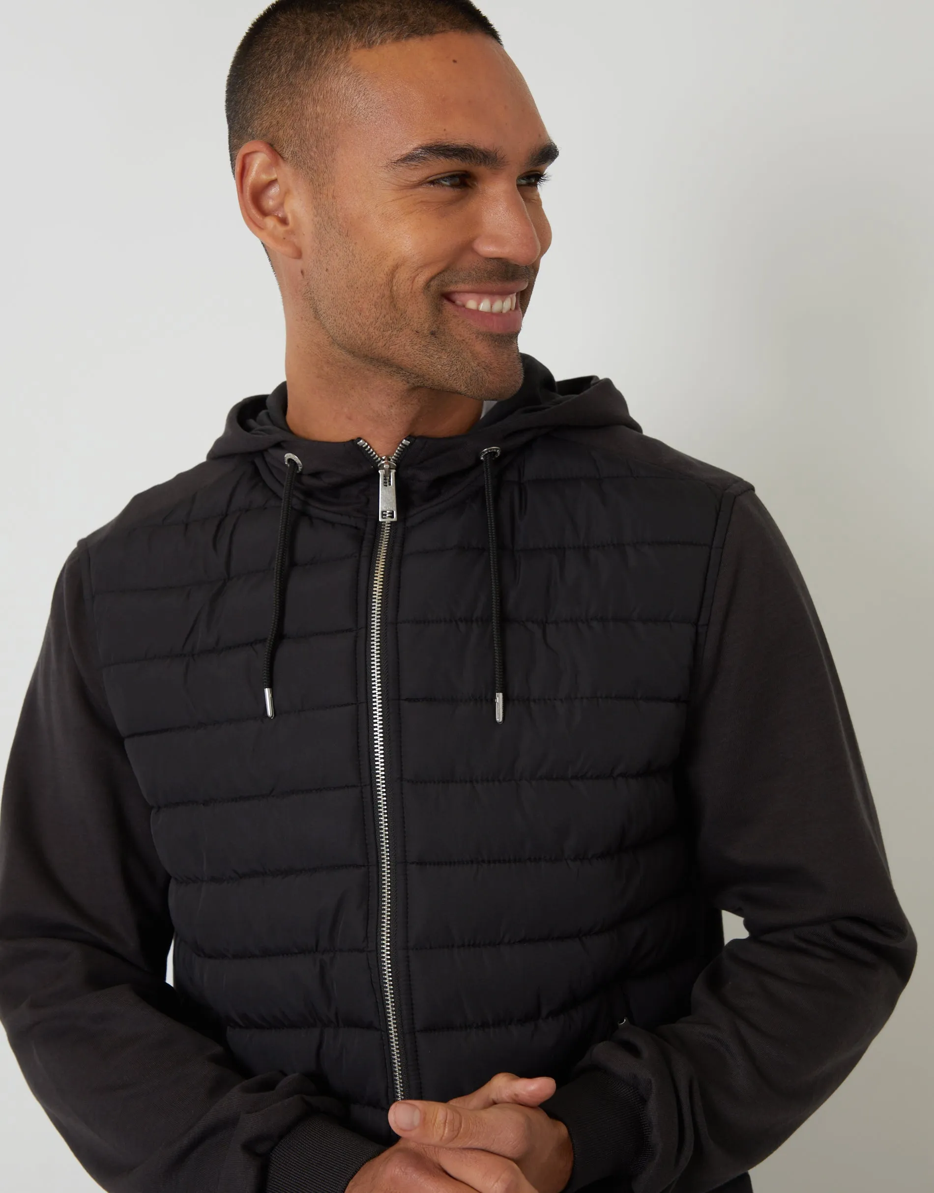 Black Quilted Hybrid Hooded Jacket sold by Threadbare product image thumbnail 4