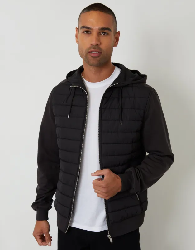 Black Quilted Hybrid Hooded Jacket sold by Threadbare