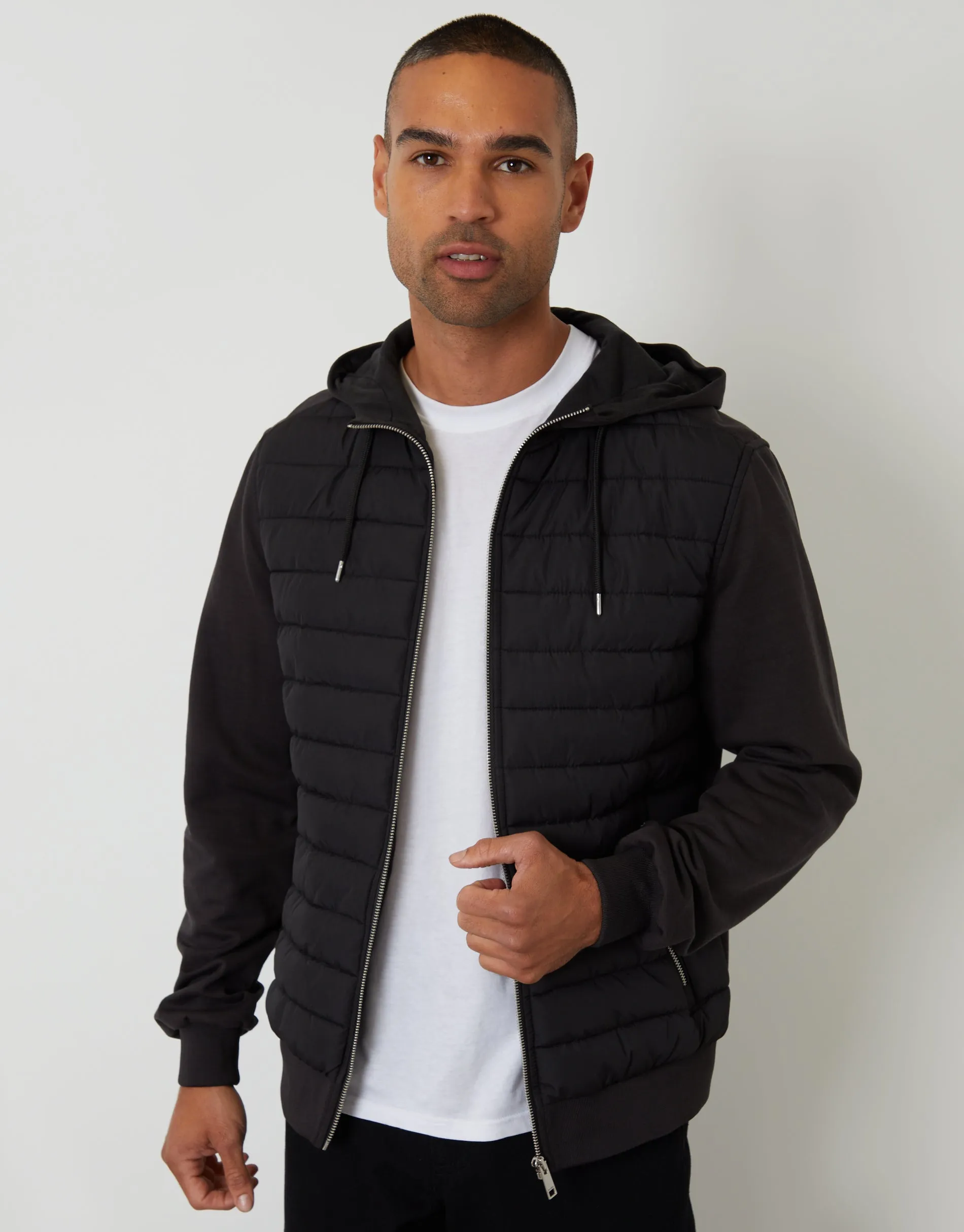 Black Quilted Hybrid Hooded Jacket sold by Threadbare