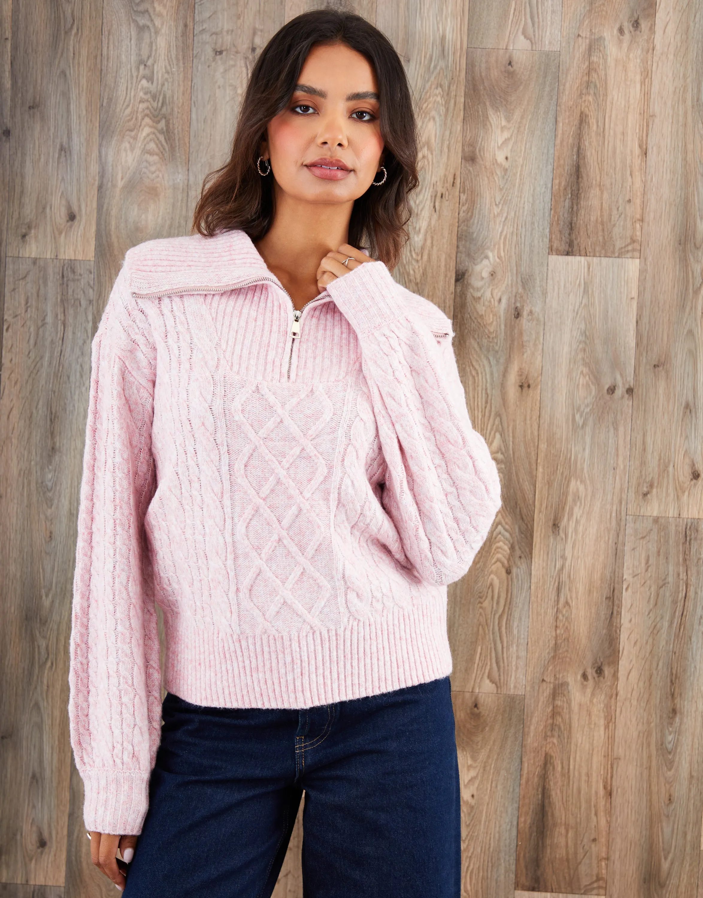 Pink Cable Knit Quarter Zip Jumper sold by Threadbare product image thumbnail 4